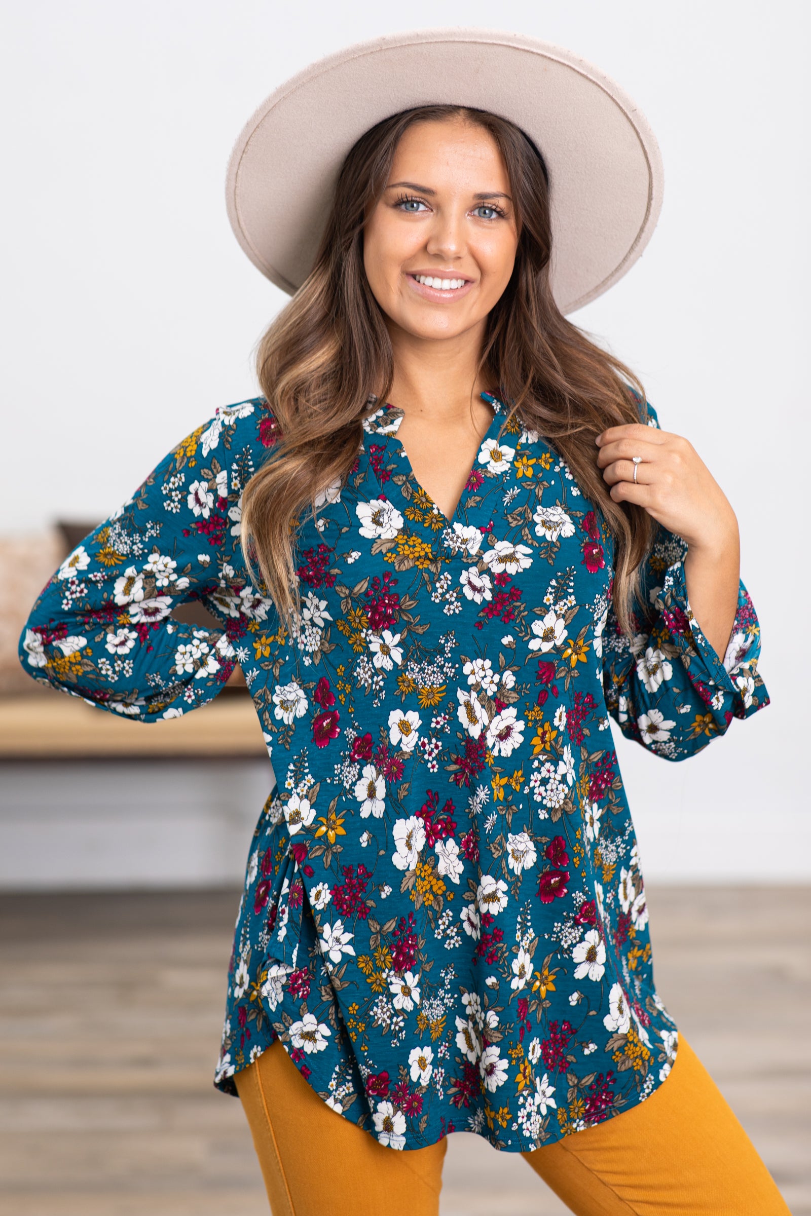 Teal and Mustard Floral Notch Neck Top