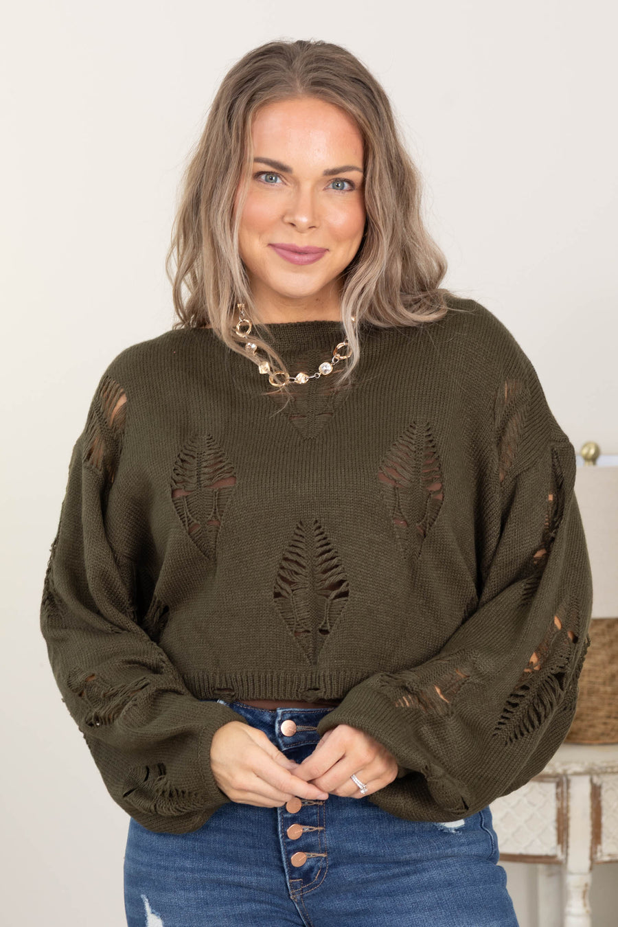 Olive Distressed Crop Long Sleeve Sweater