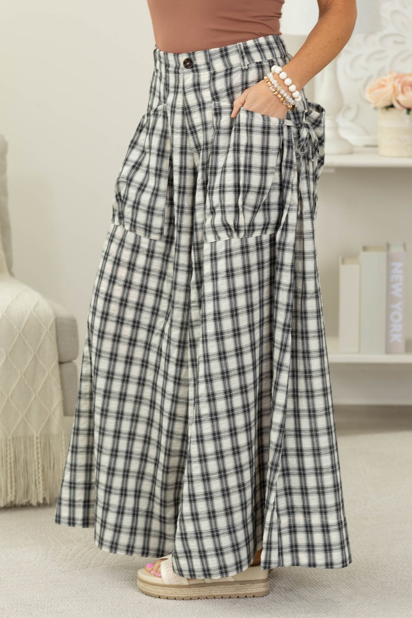 Cotierra Black Plaid Checker Wide Leg Pants- 100% Cotton
