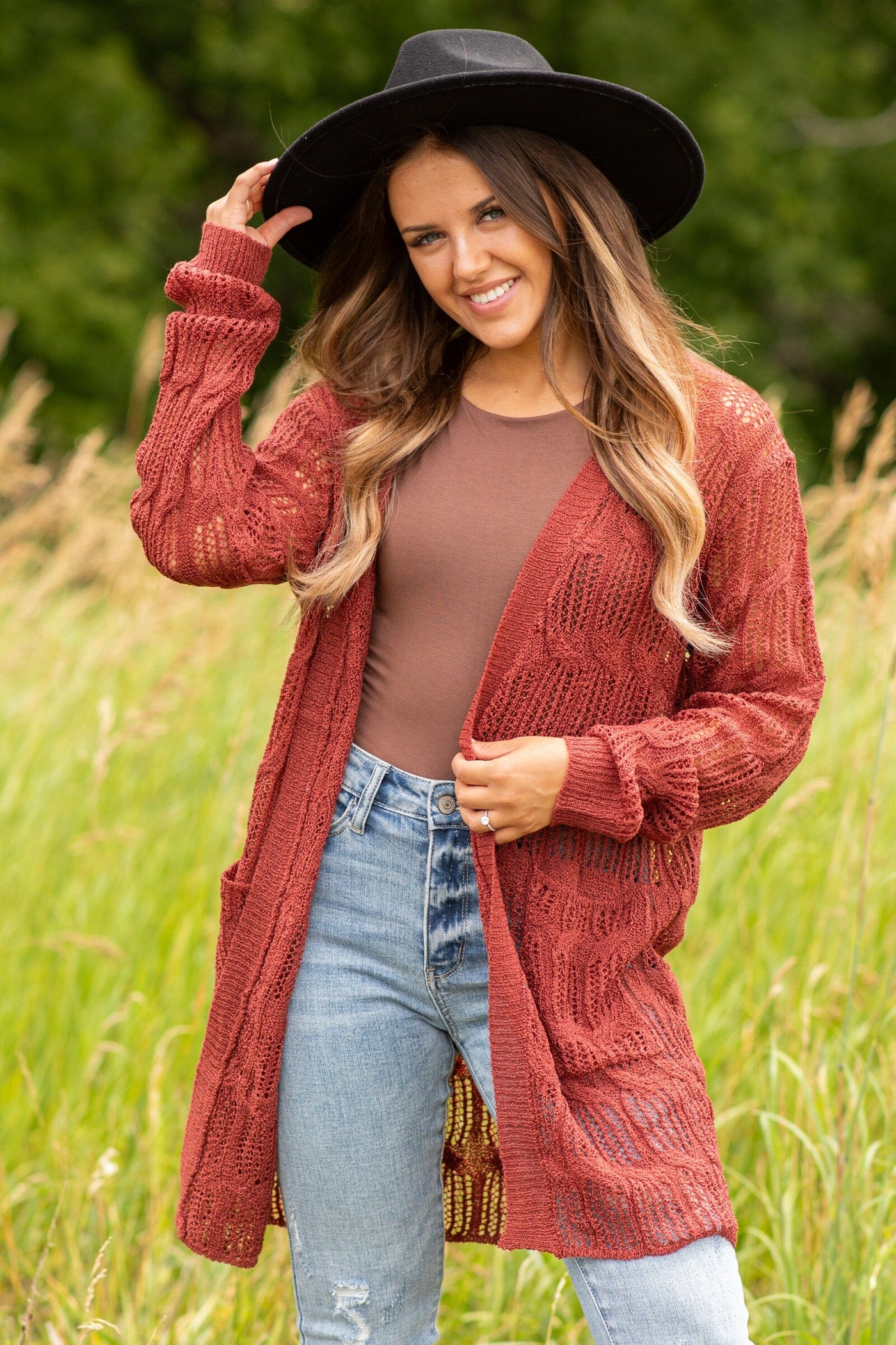Rust Pointelle Cardigan With Pockets - Filly Flair