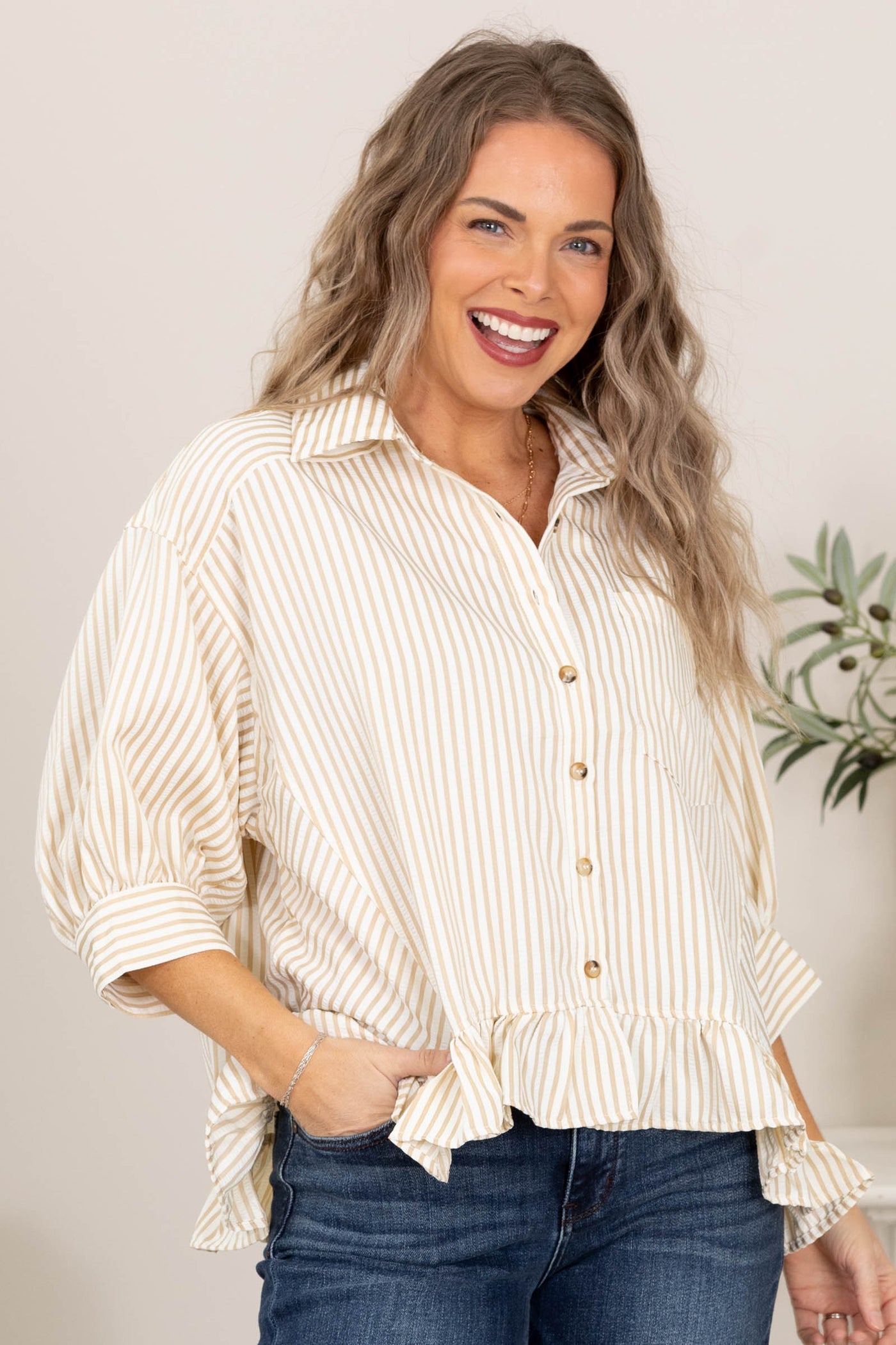 Taupe and Ivory Stripe Babydoll Button Up Top