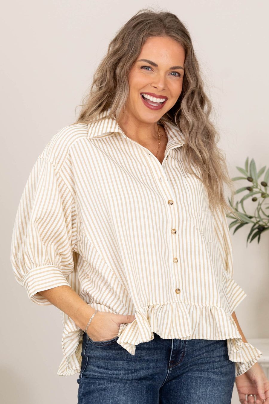 Taupe and Ivory Stripe Babydoll Button Up Top