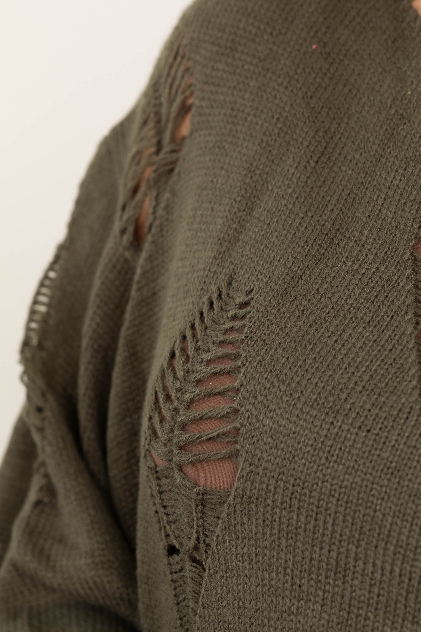 Olive Distressed Crop Long Sleeve Sweater