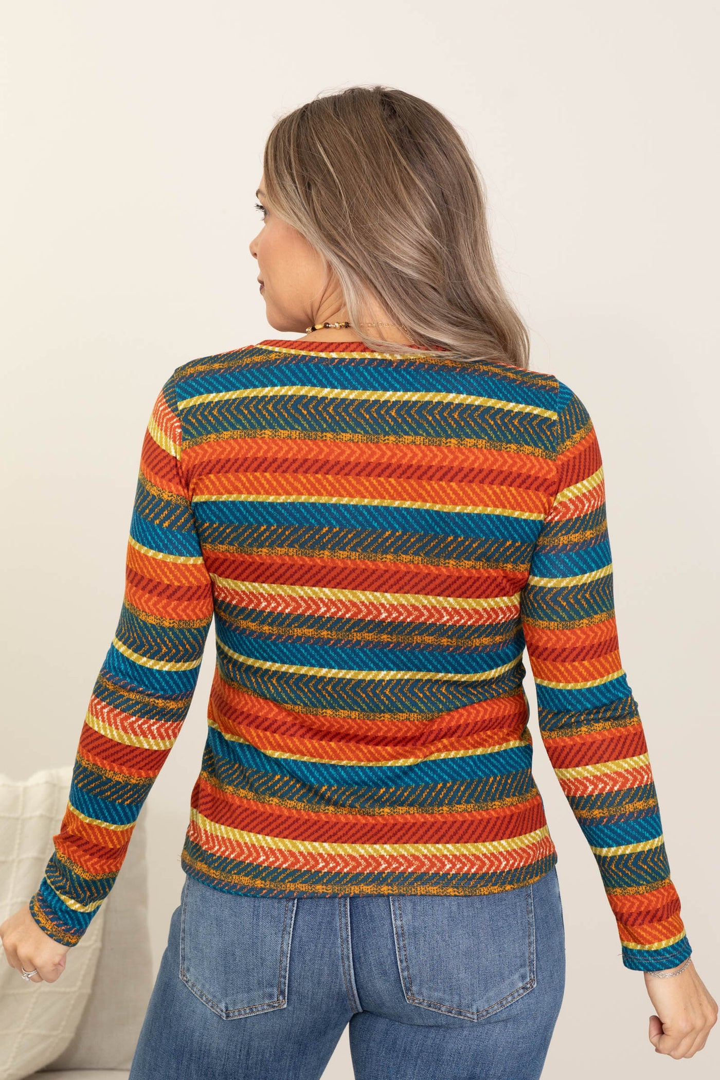 Rust And Teal Fitted Stripe Hacci Knit