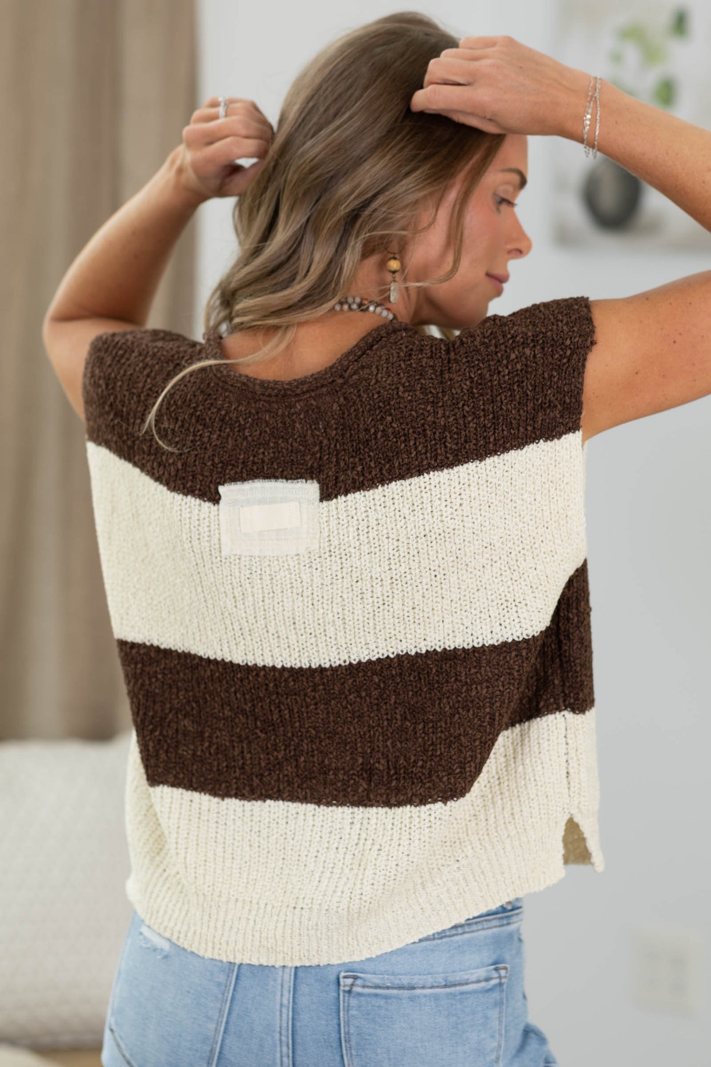 Split Neck Sleeveless Stripe Sweater