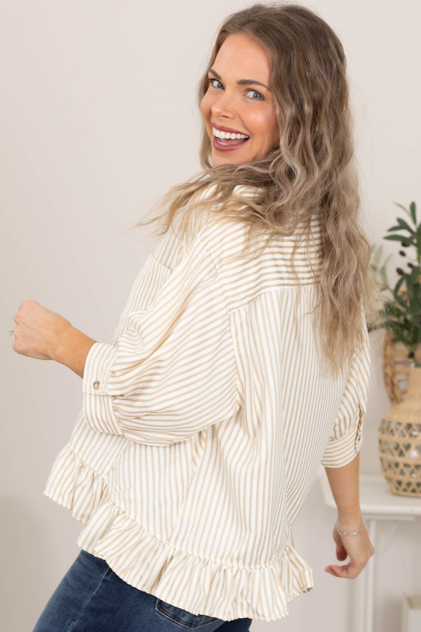 Taupe and Ivory Stripe Babydoll Button Up Top