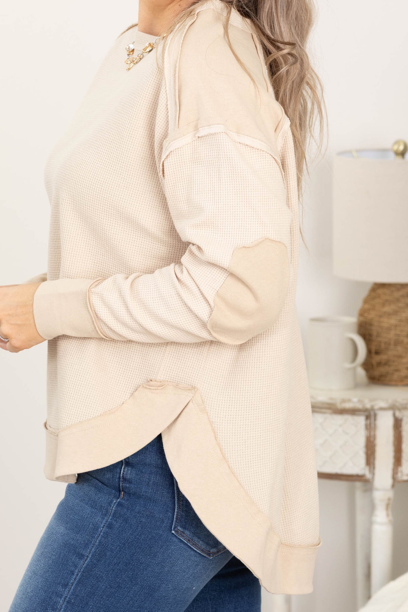 Beige Mineral Washed Elbow Patch Knit Top