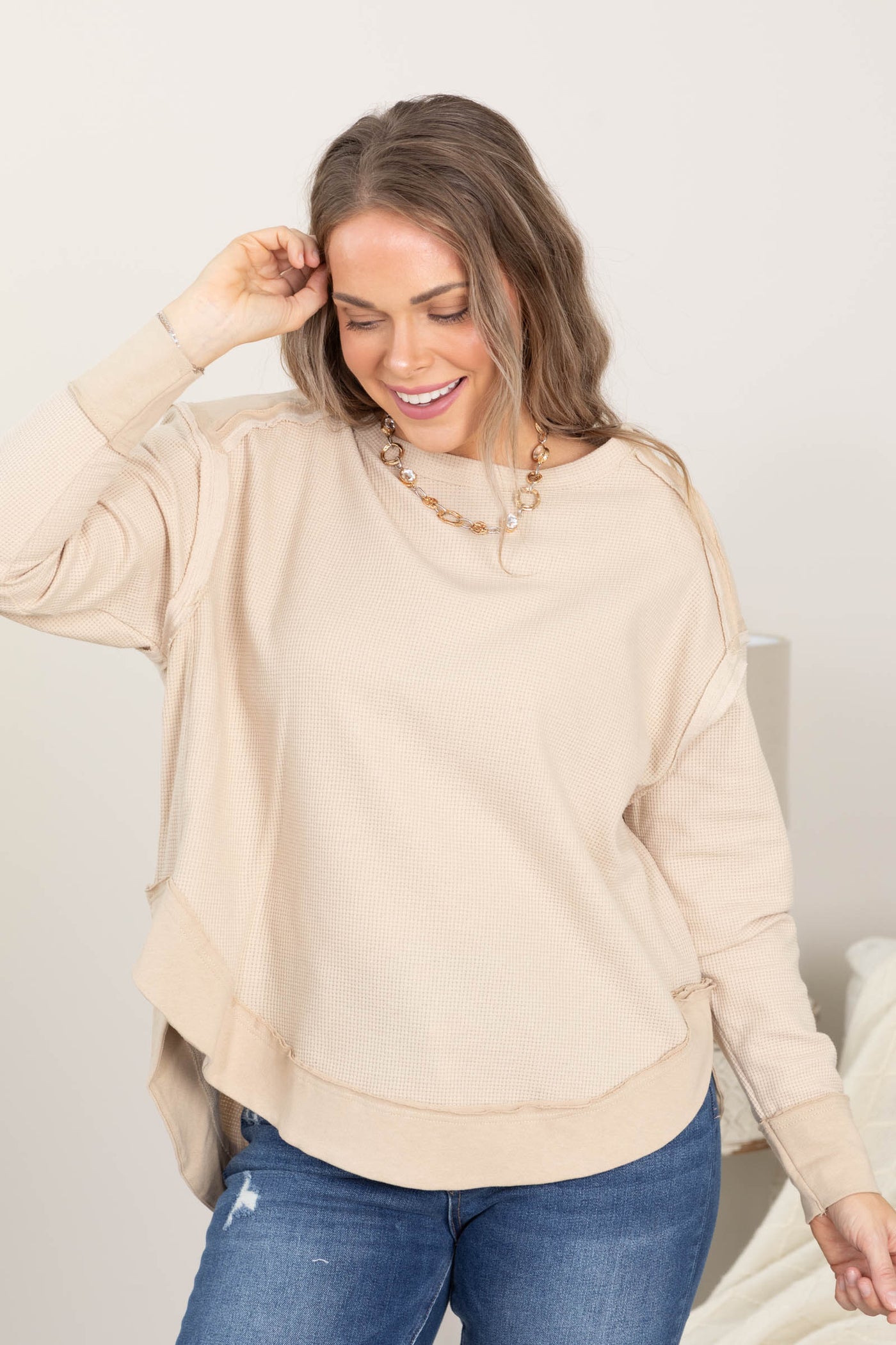 Beige Mineral Washed Elbow Patch Knit Top