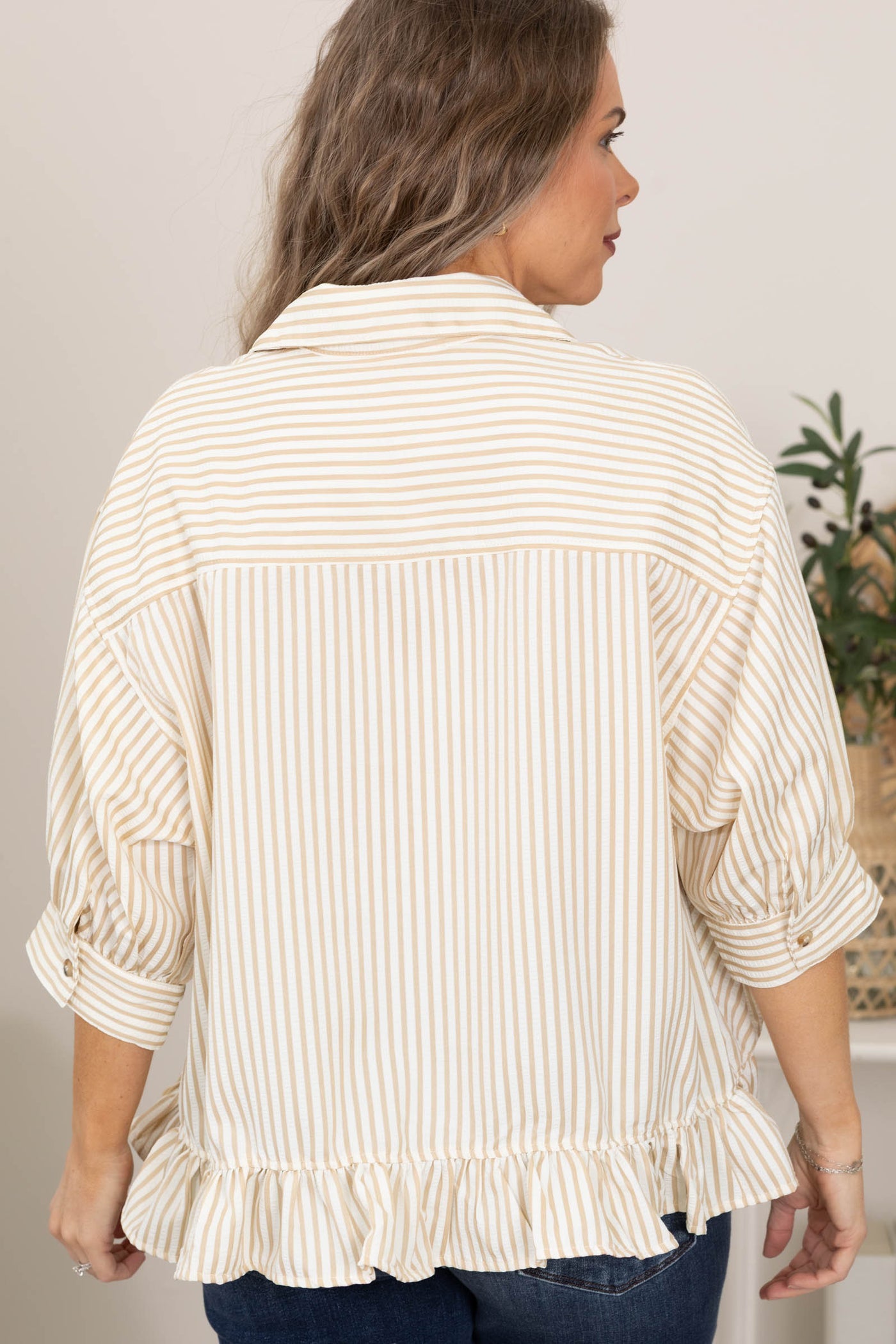 Taupe and Ivory Stripe Babydoll Button Up Top