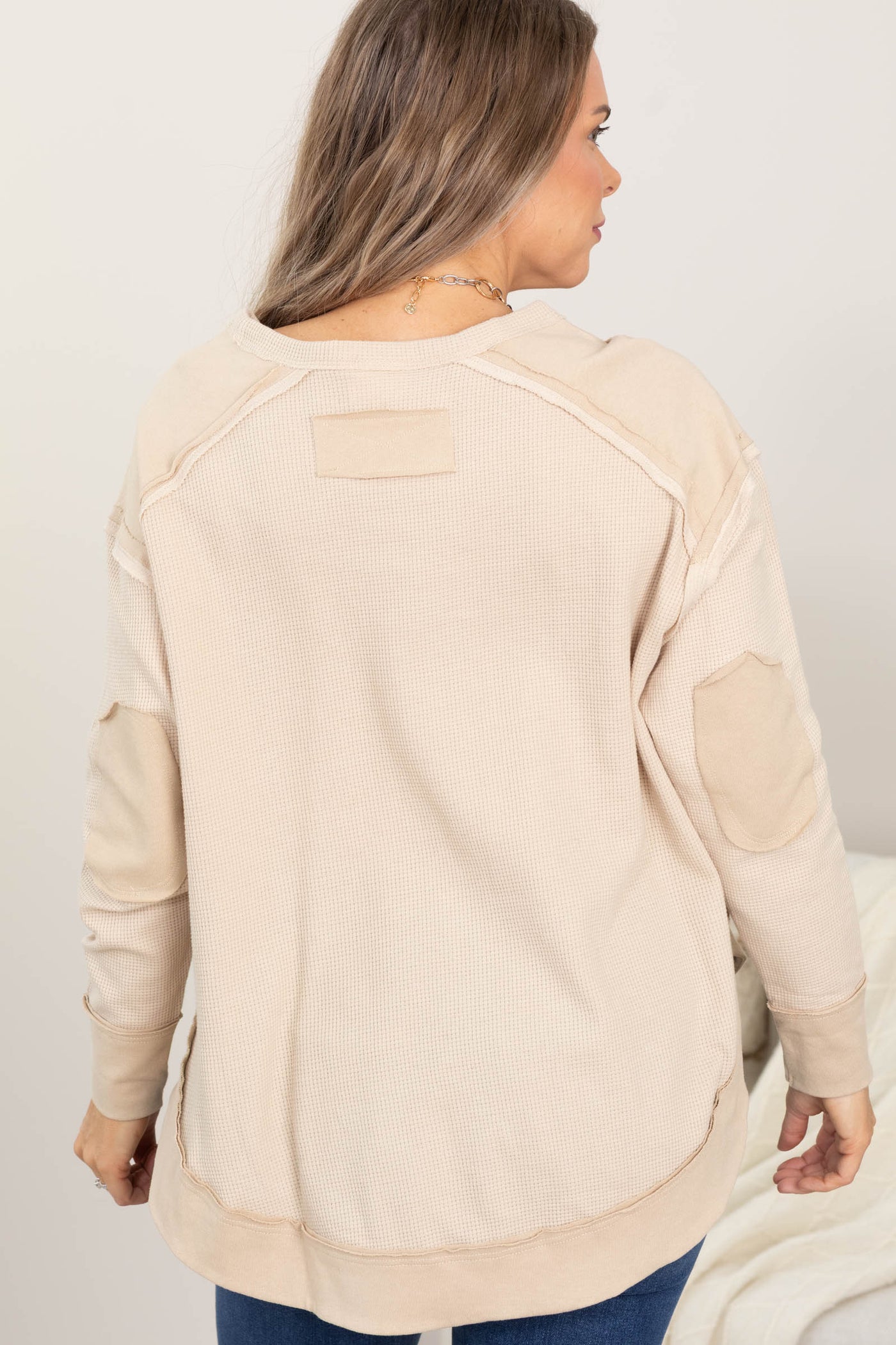 Beige Mineral Washed Elbow Patch Knit Top