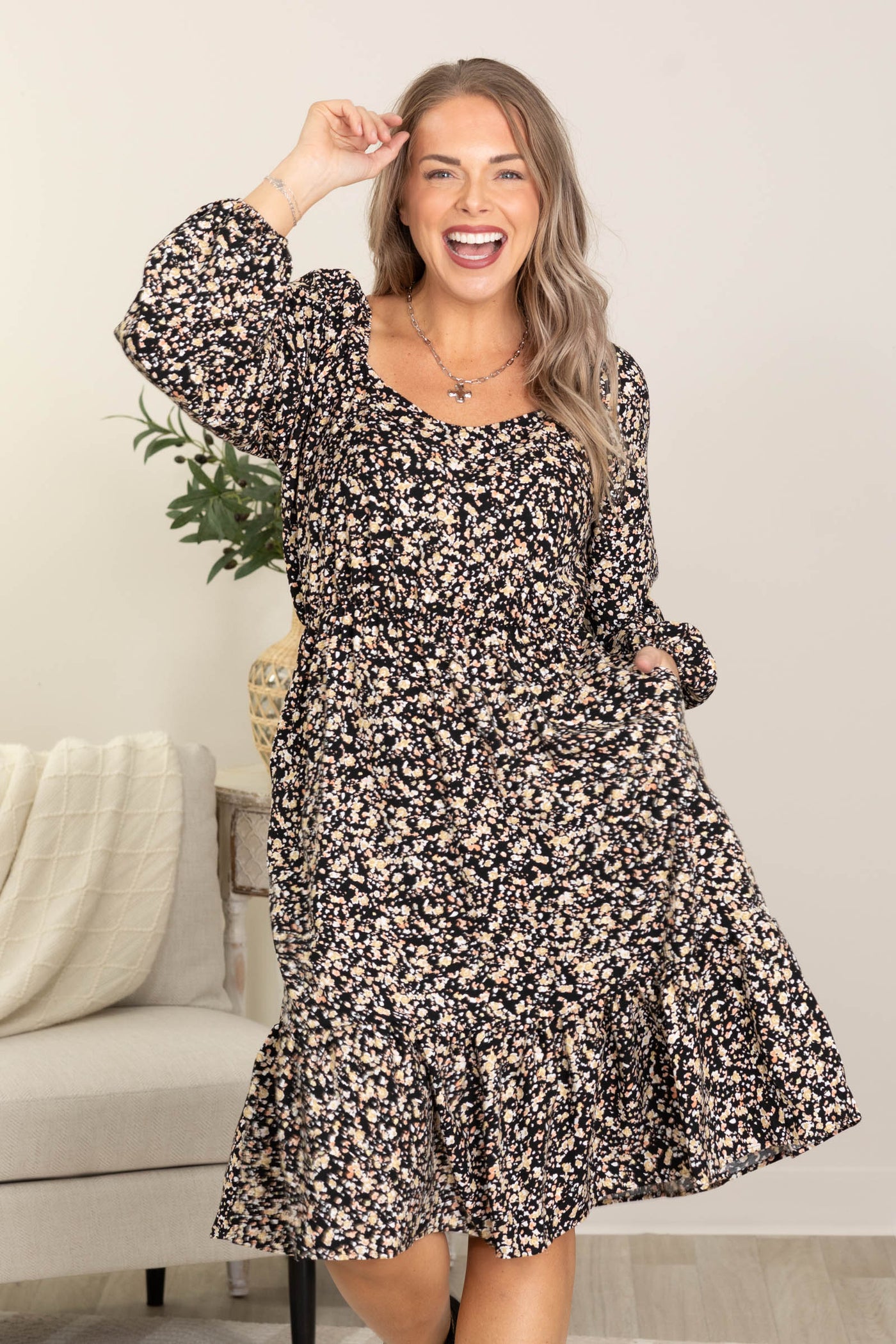 Midi Floral Long Sleeve Dresses With Pockets