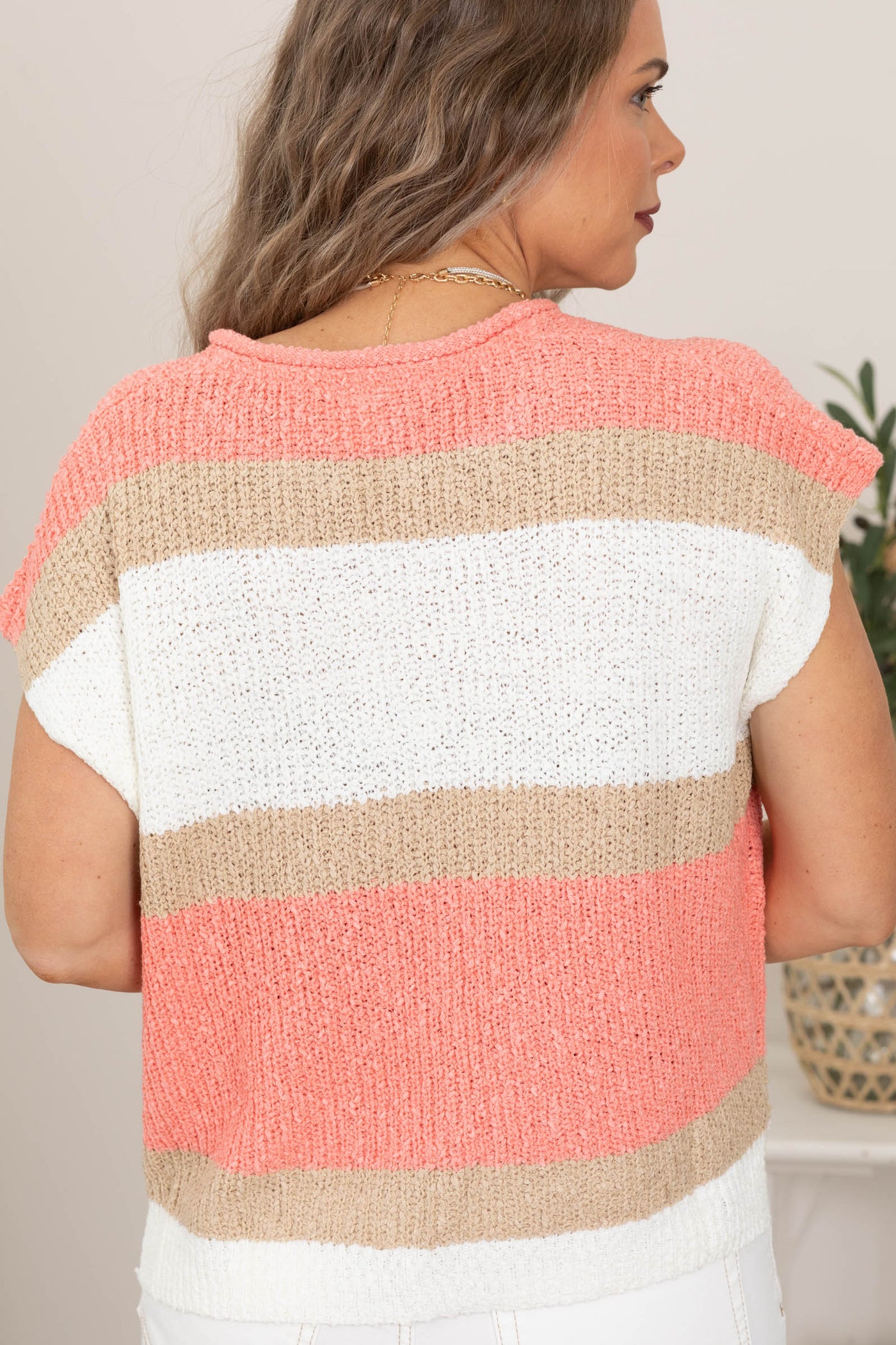 Coral and Mocha Crochet Striped Knit Top