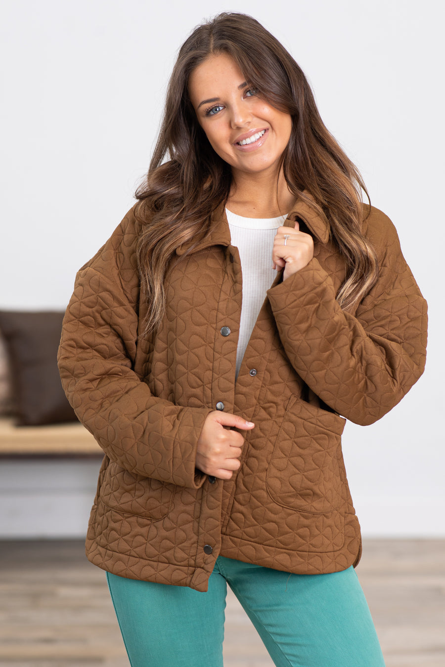 Brown Quilted Snap Front Jacket