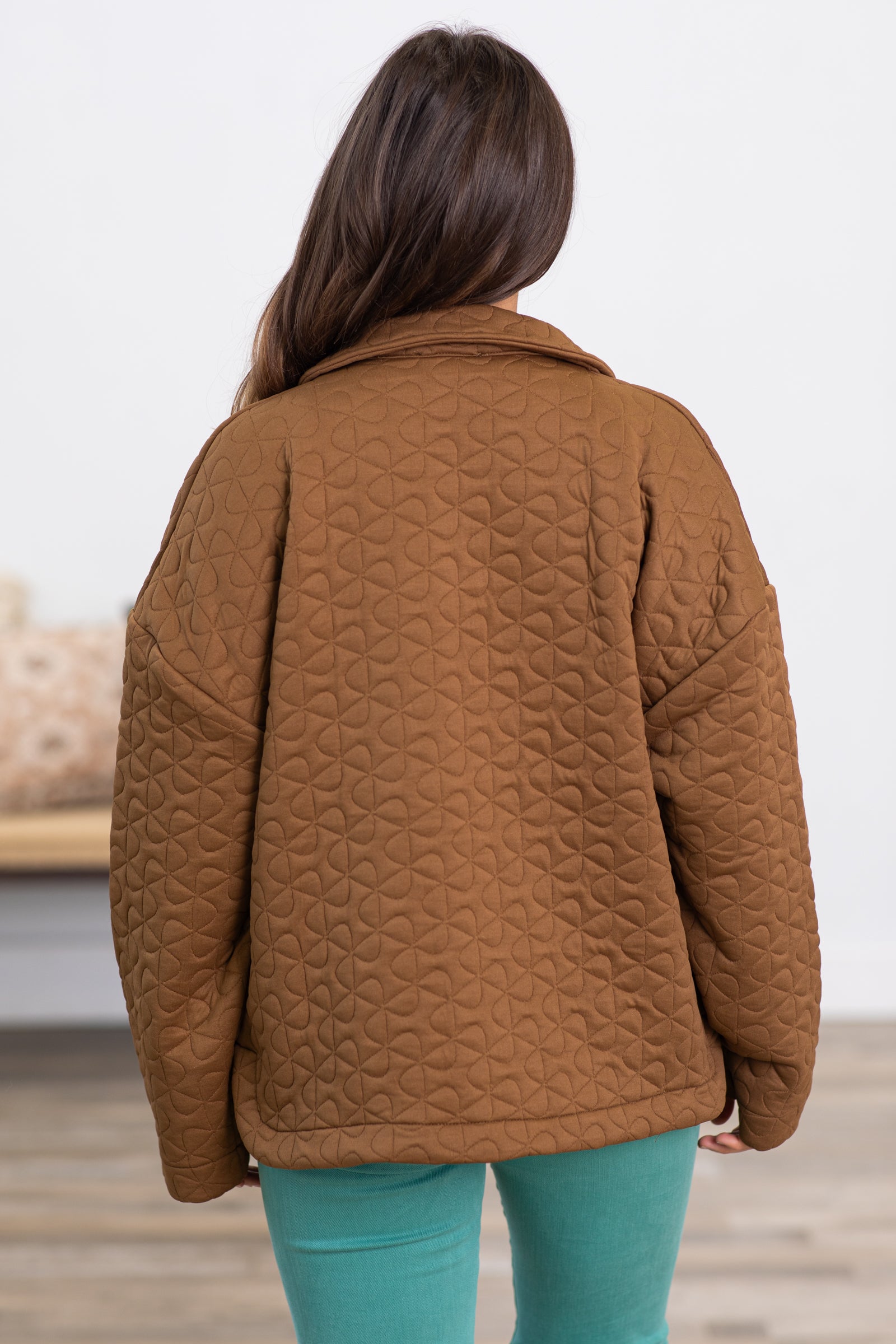 Brown Quilted Snap Front Jacket