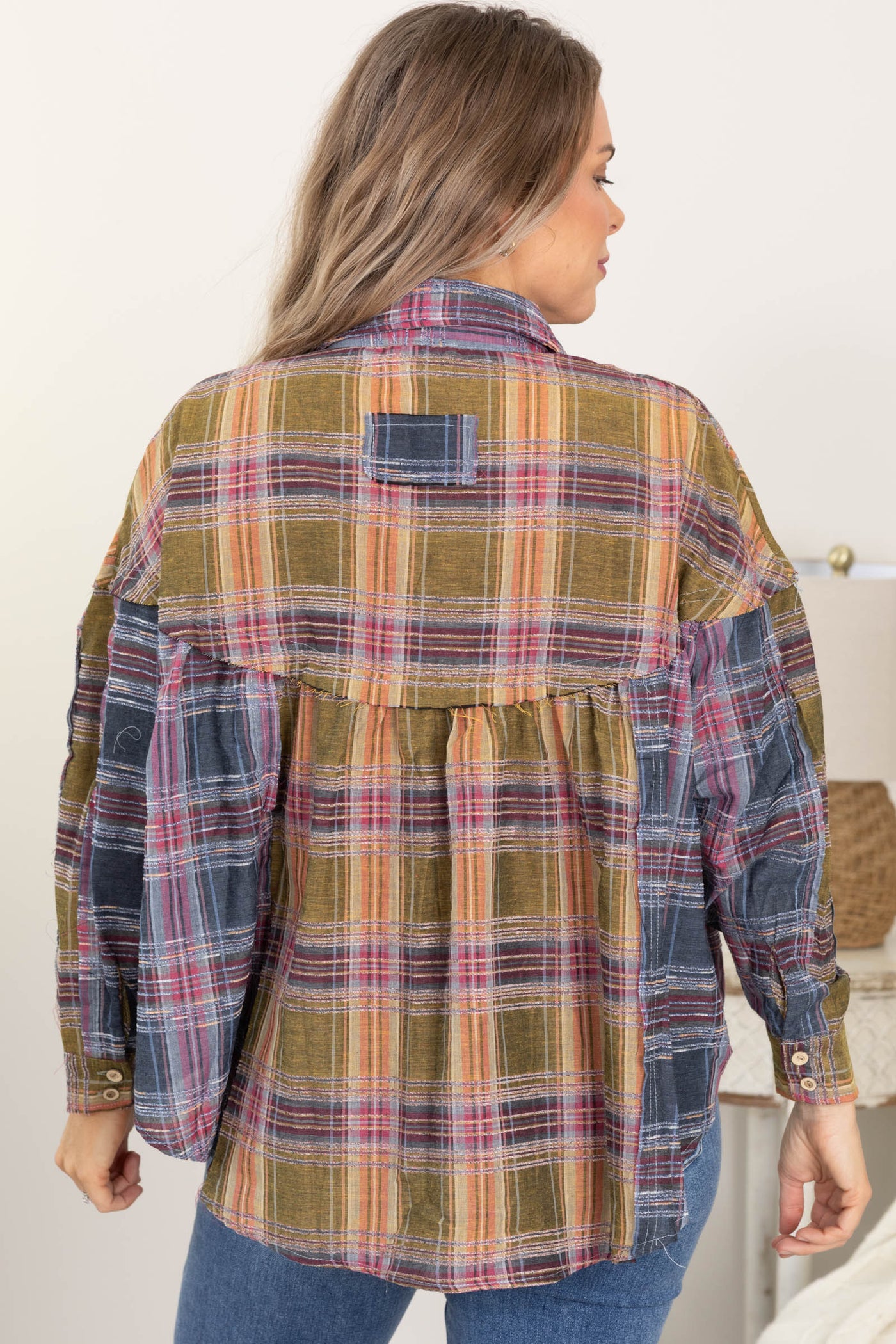 Olive Plaid Babydoll Button Up Top