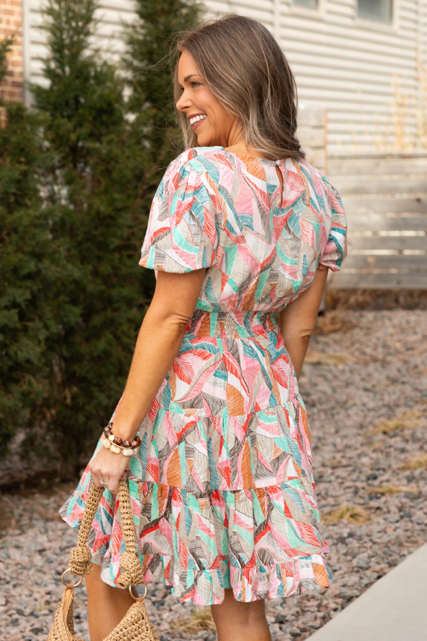 Pink Abstract Smocked Linen Dress