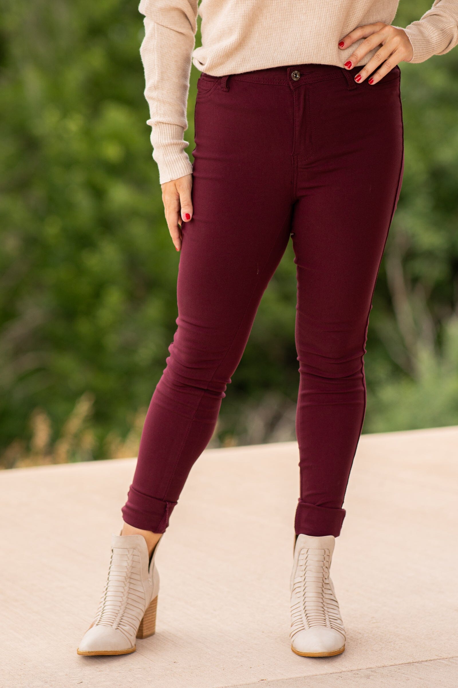 Burgundy Skinny Fit High Rise Pants - Filly Flair