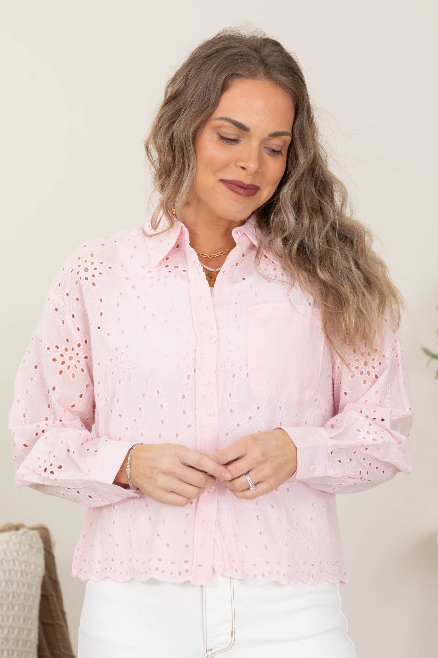 Embroidery Collared Woven Button Up Tops
