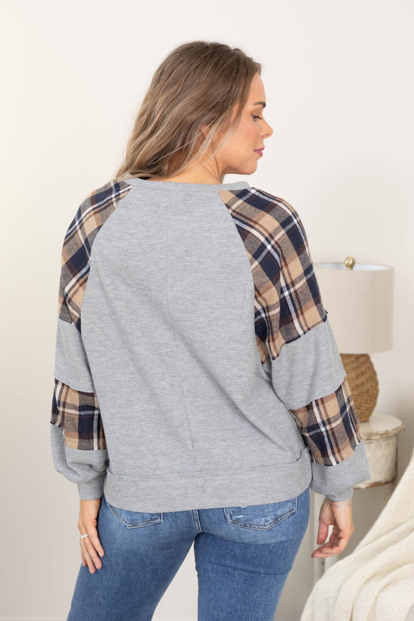 Grey Solid Thermal Knit Navy Plaid Detail