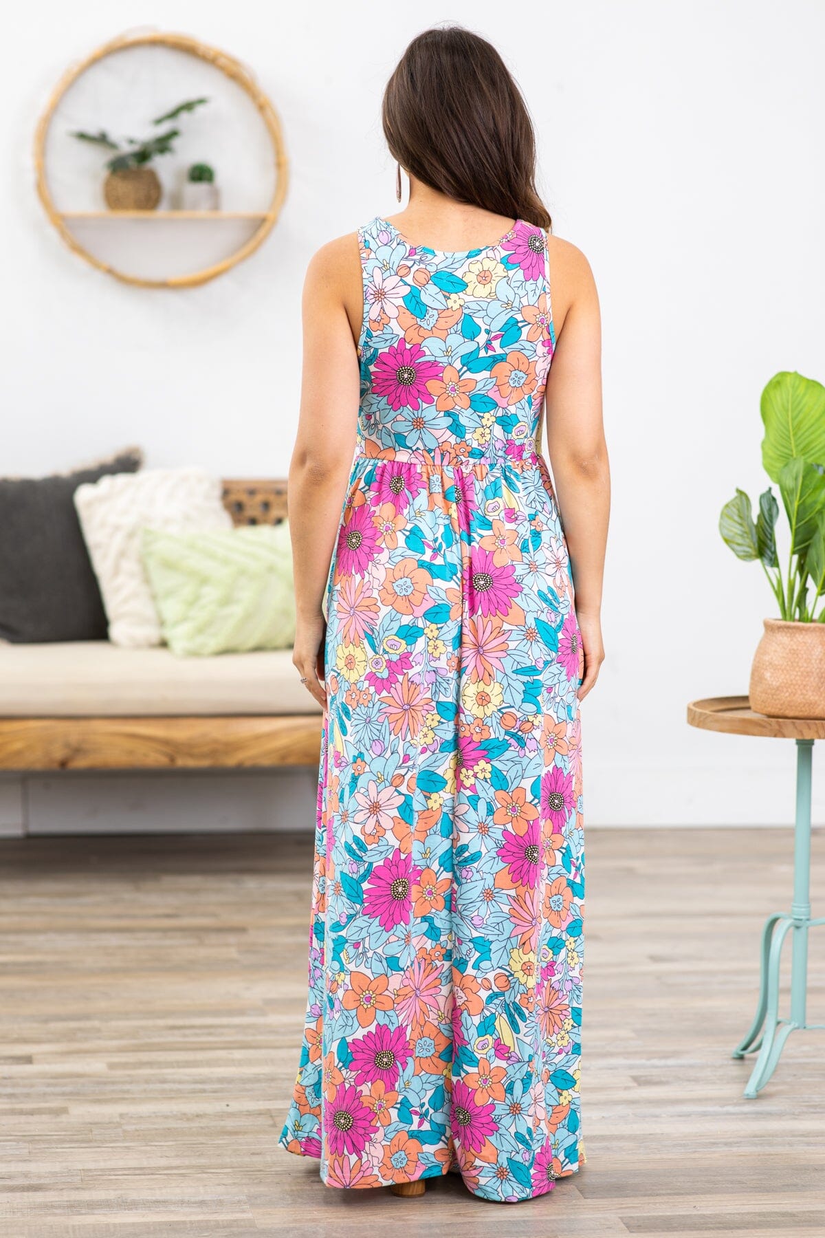 Aqua and Hot Pink Floral Print Maxi Dress - Filly Flair
