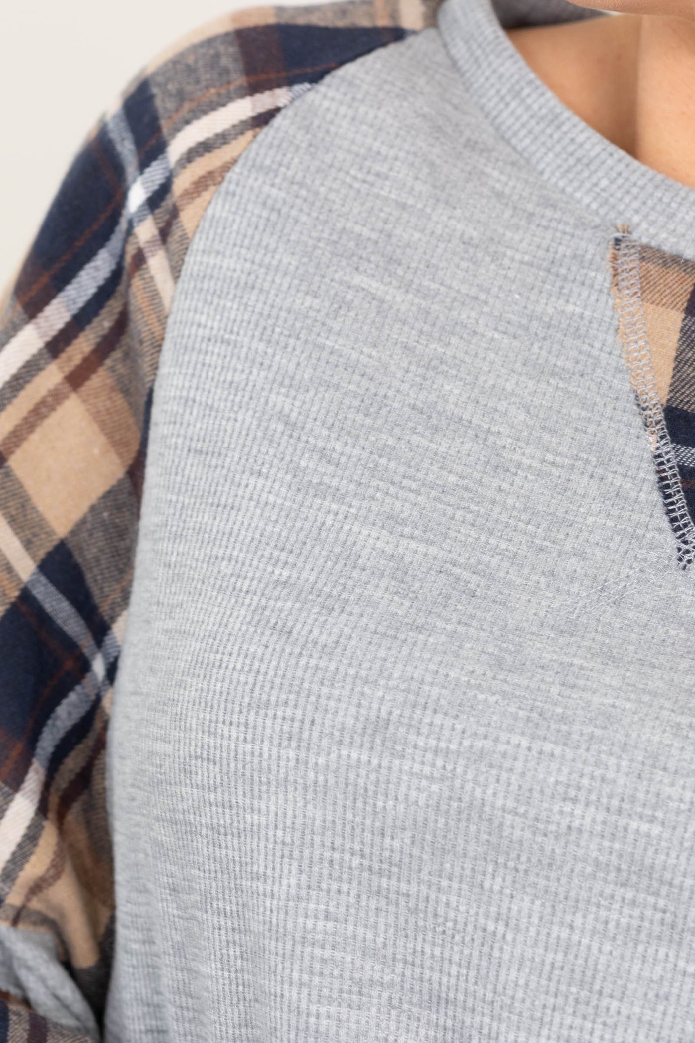Grey Solid Thermal Knit Navy Plaid Detail