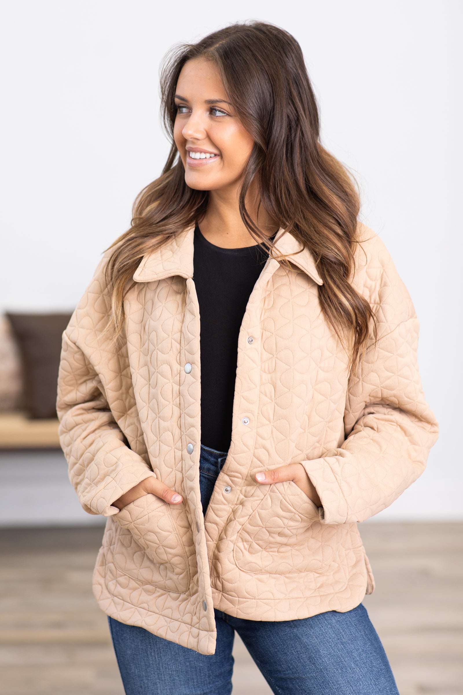 Tan Quilted Snap Front Jacket
