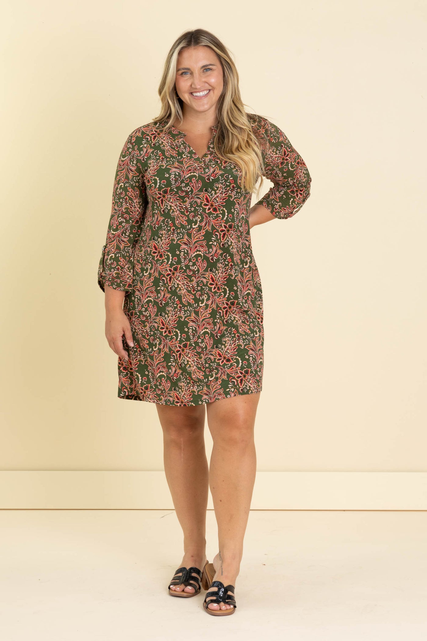 Olive And Tan Print Wrinkle Free Dress