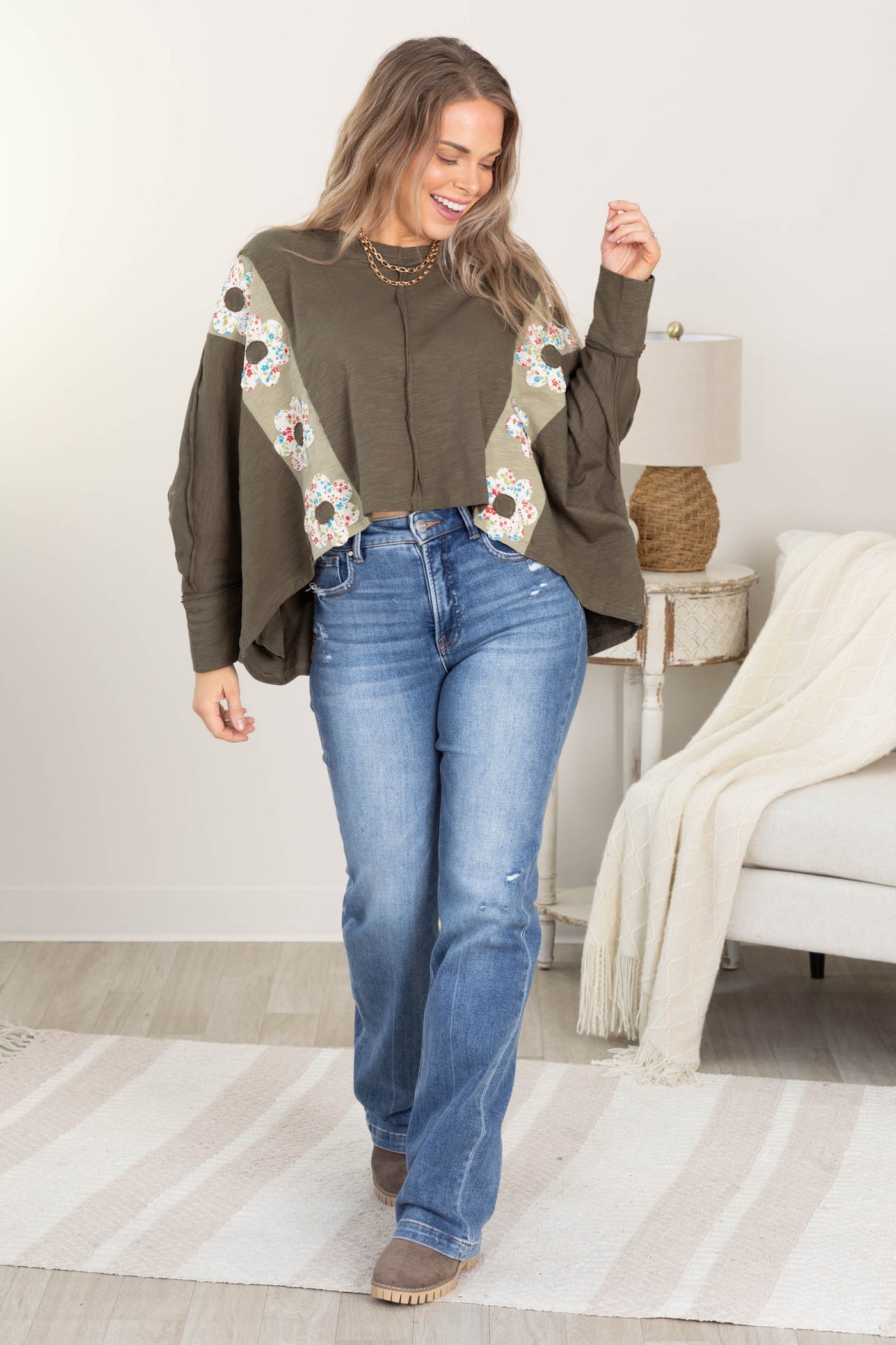 Olive V-Neck Floral Patch Oversized Knit Top