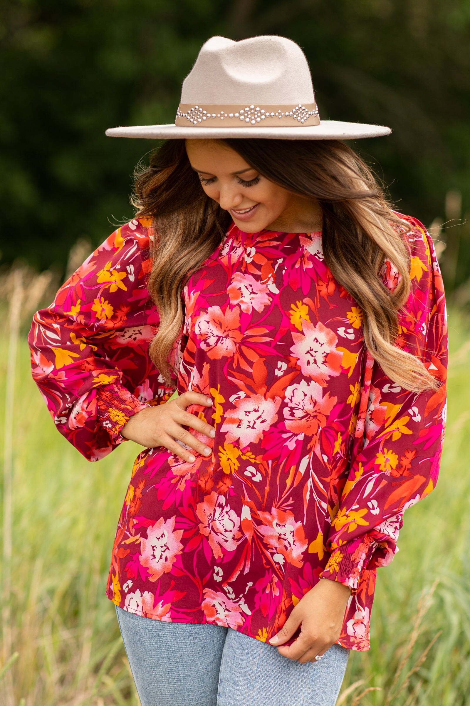 Burgundy and Orange Floral Smocked Cuff Top - Filly Flair