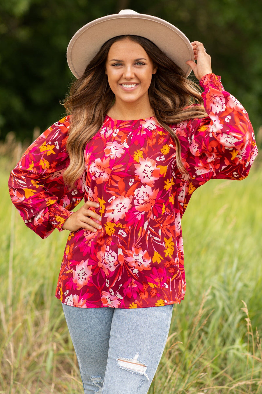 Burgundy and Orange Floral Smocked Cuff Top - Filly Flair