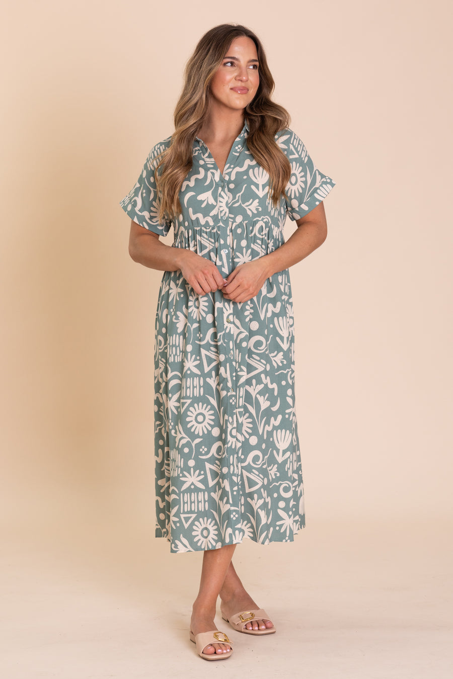 Dusty Teal Mix Media Shirt Midi Dress