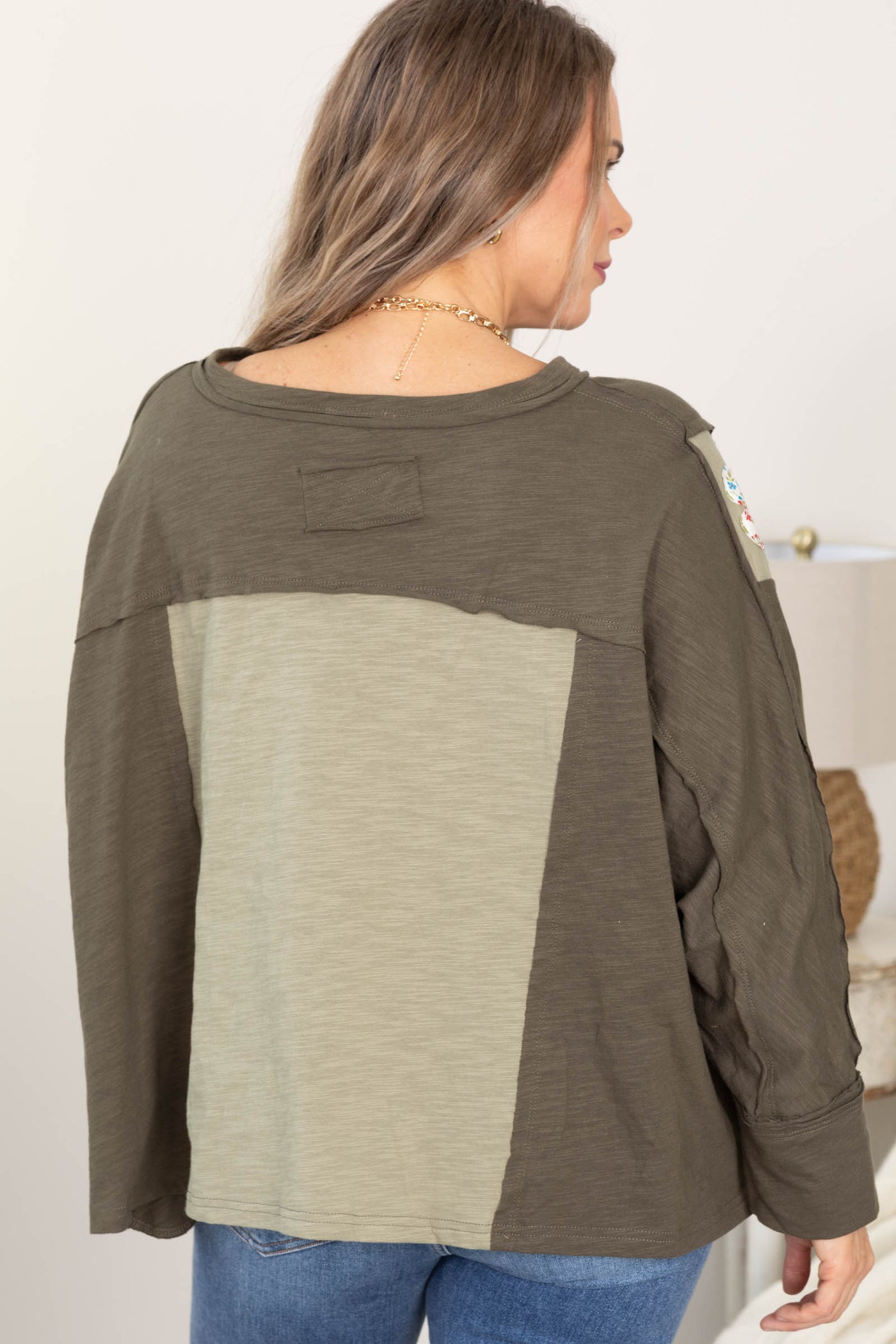 Olive V-Neck Floral Patch Oversized Knit Top