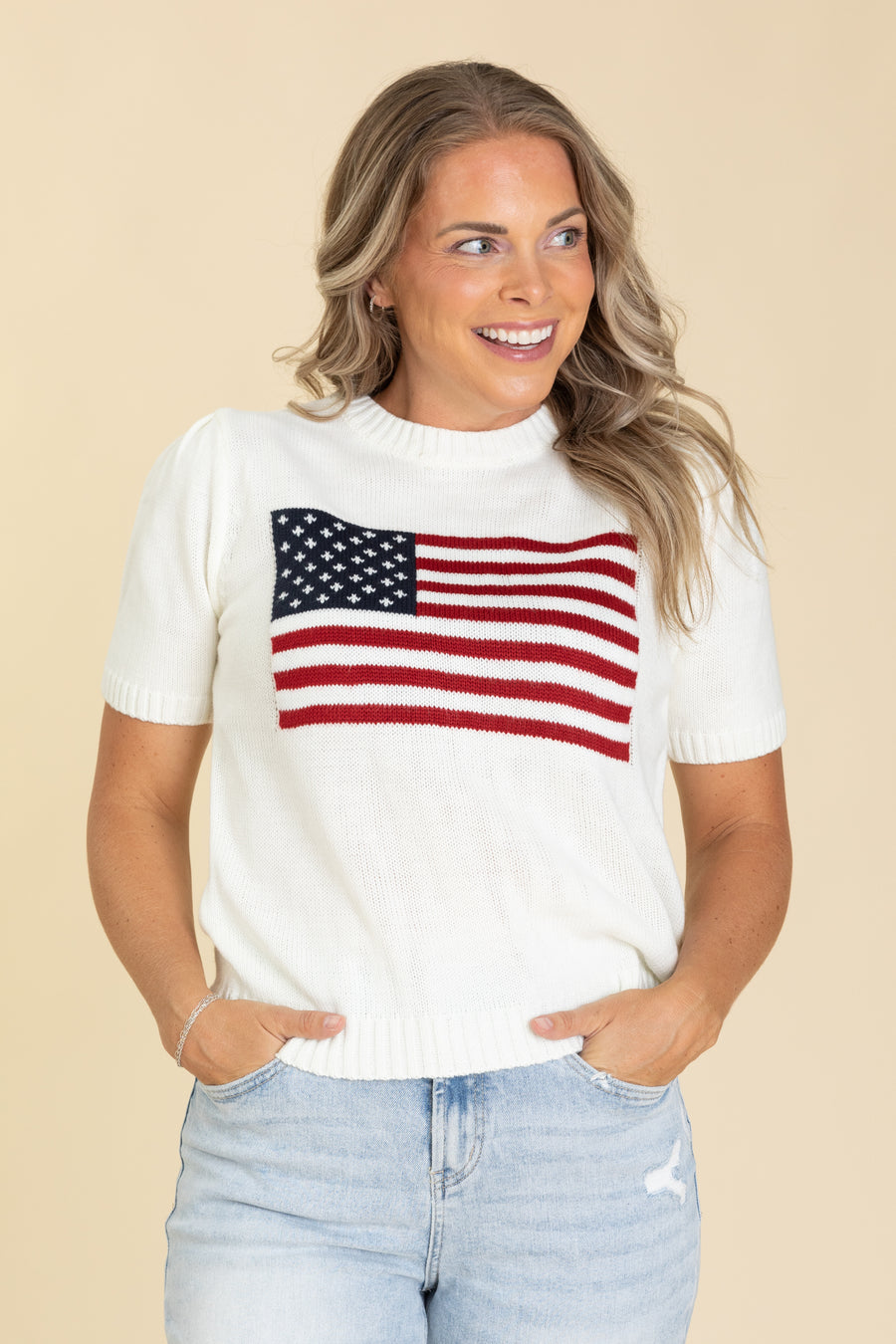 White American Flag Puff Short Sleeve Knit Top
