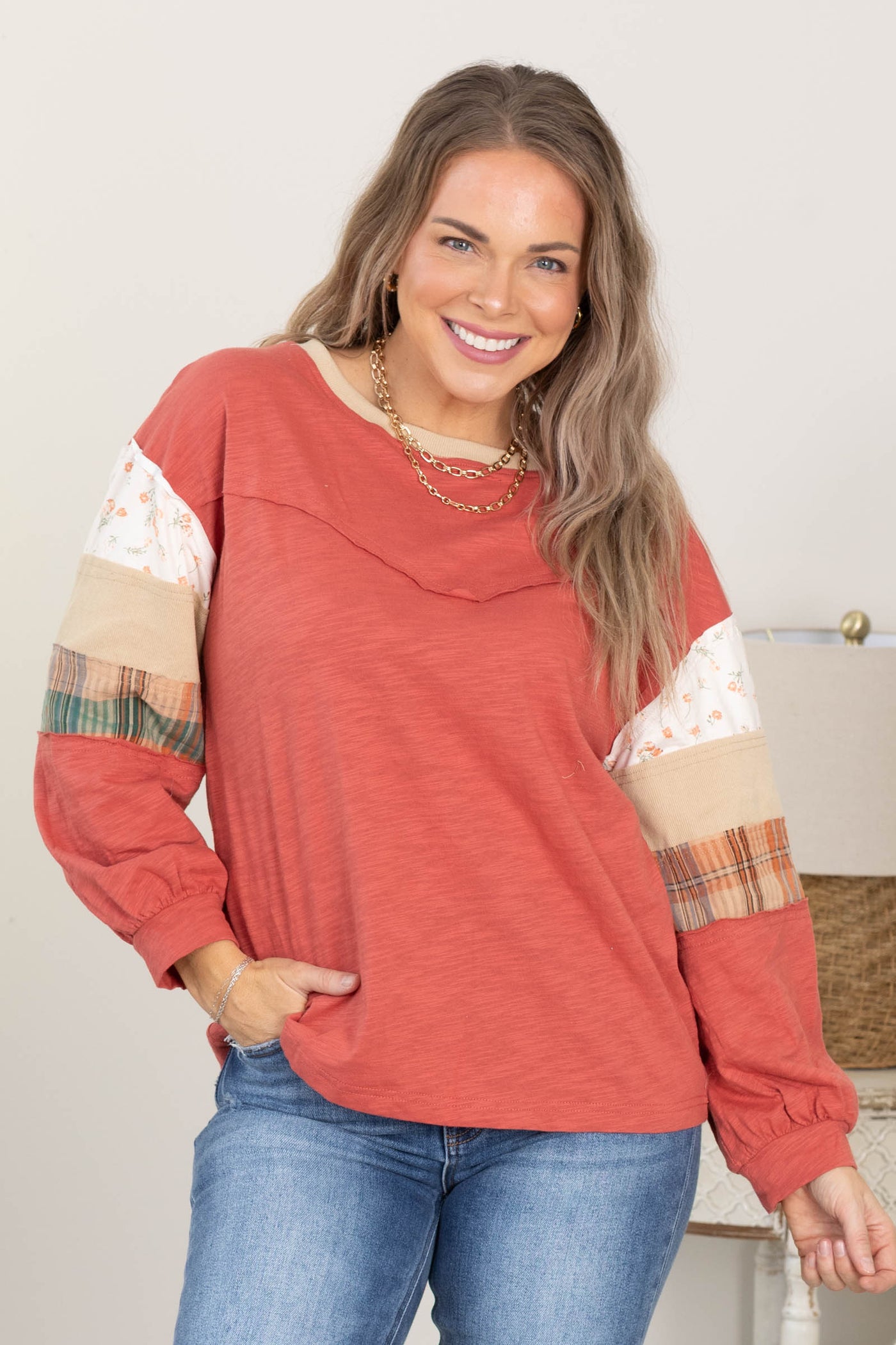 Terracotta Floral Colorblock Knit Top