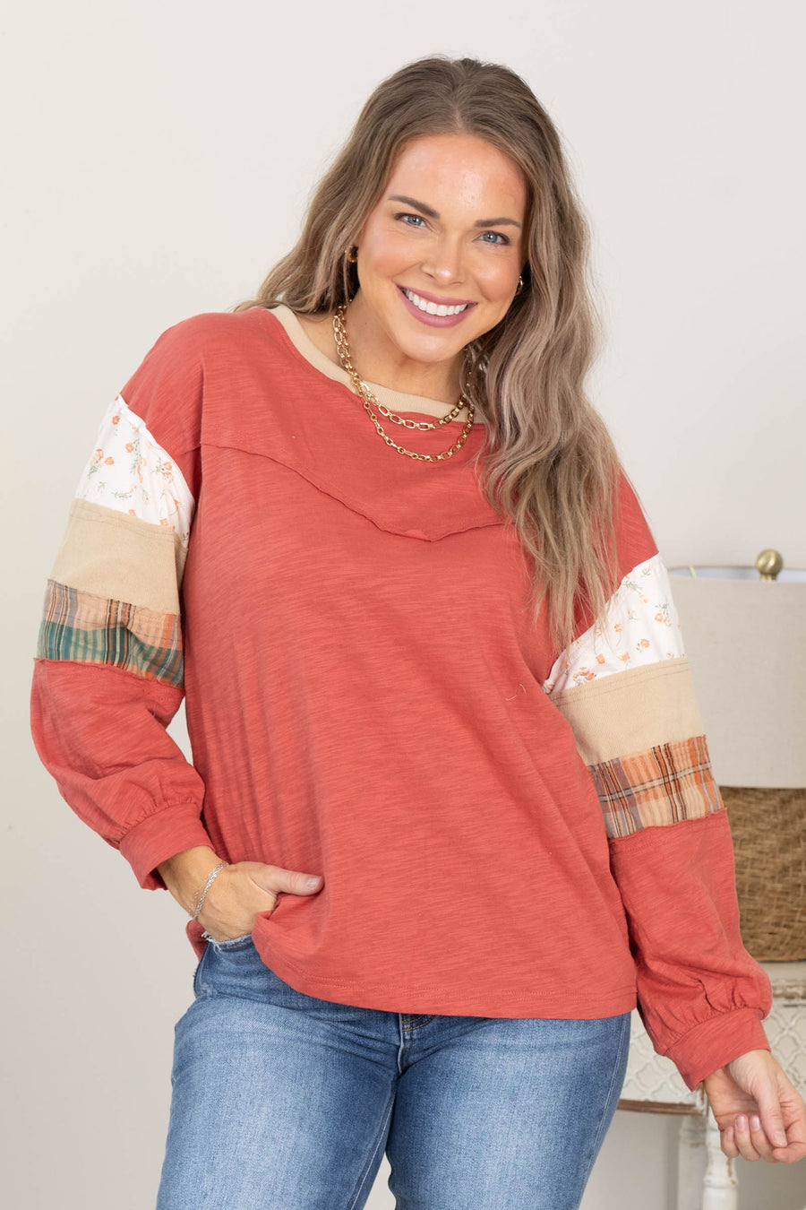 Terracotta Floral Colorblock Knit Top