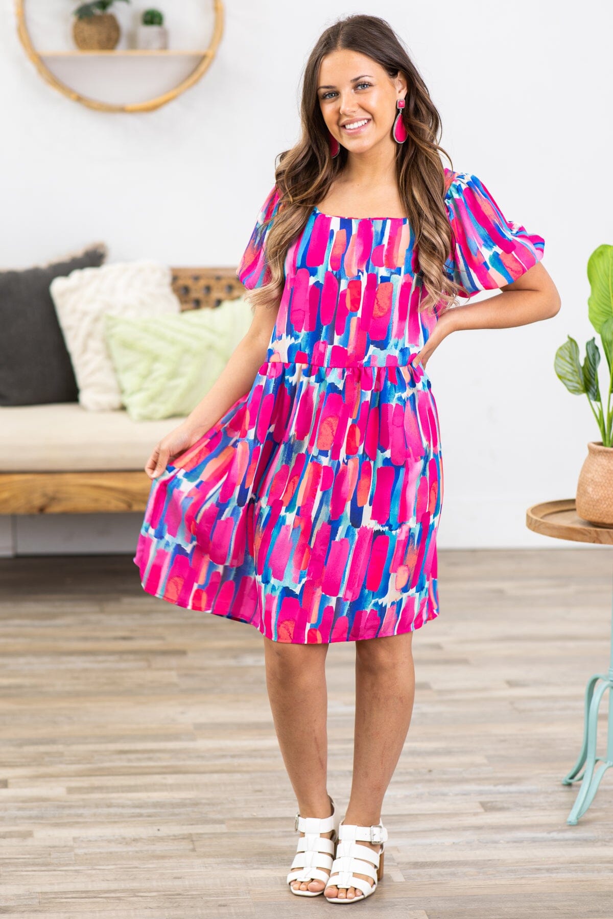 Fuchsia and Cobalt Abstract Print Dress - Filly Flair