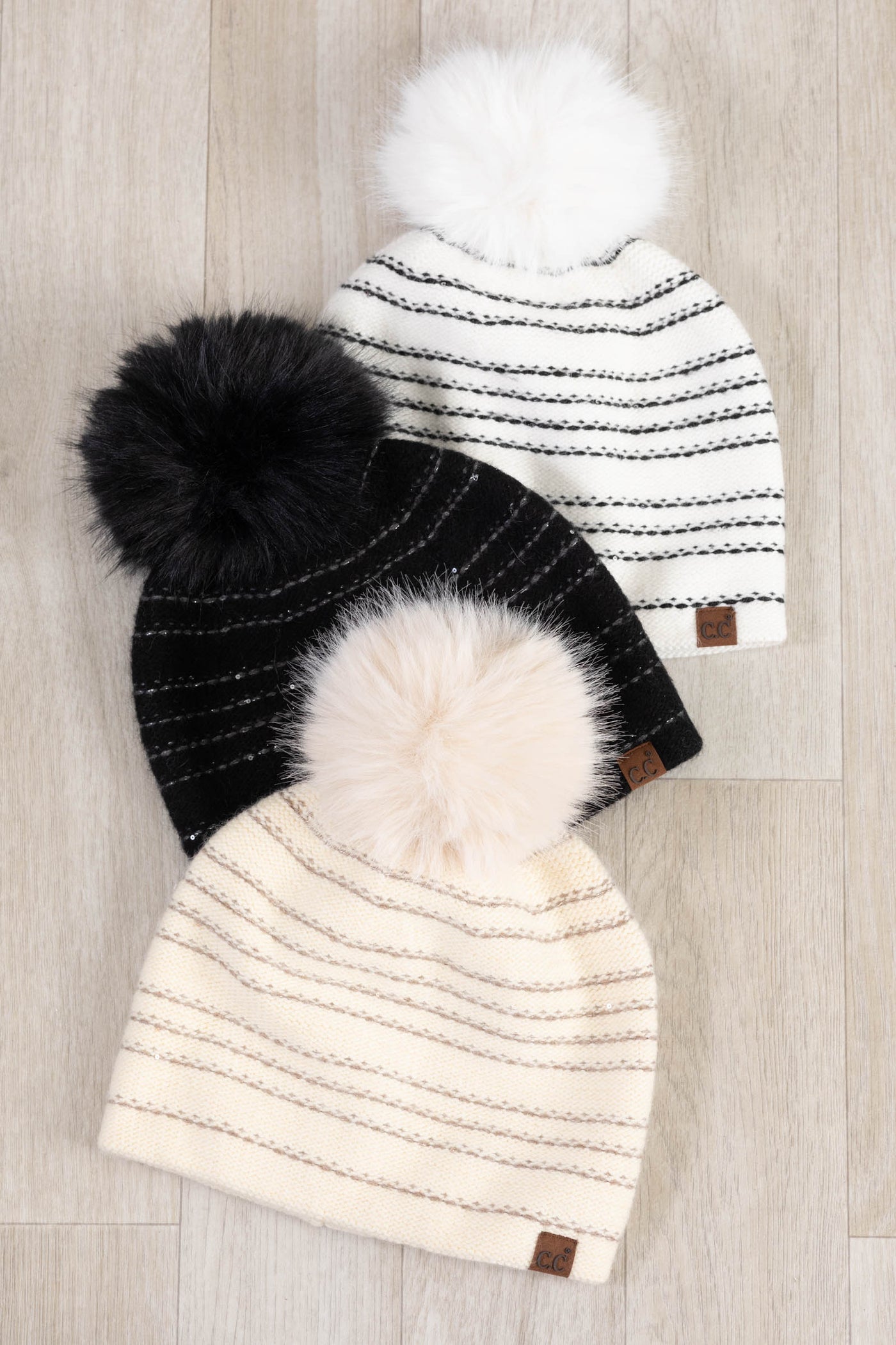 Stripe Stitches With Sequin Angora Pom Beanies