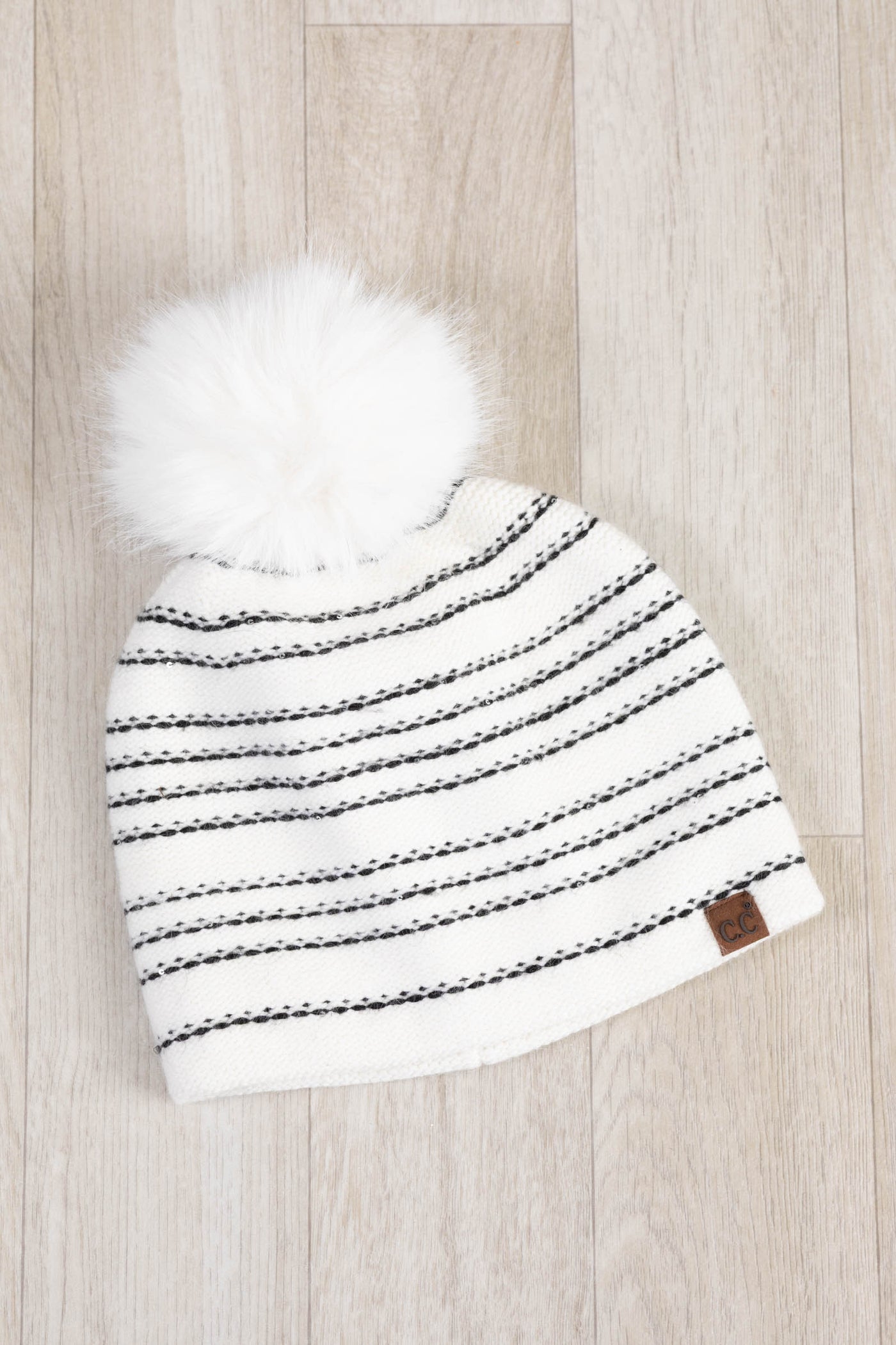 Stripe Stitches With Sequin Angora Pom Beanies