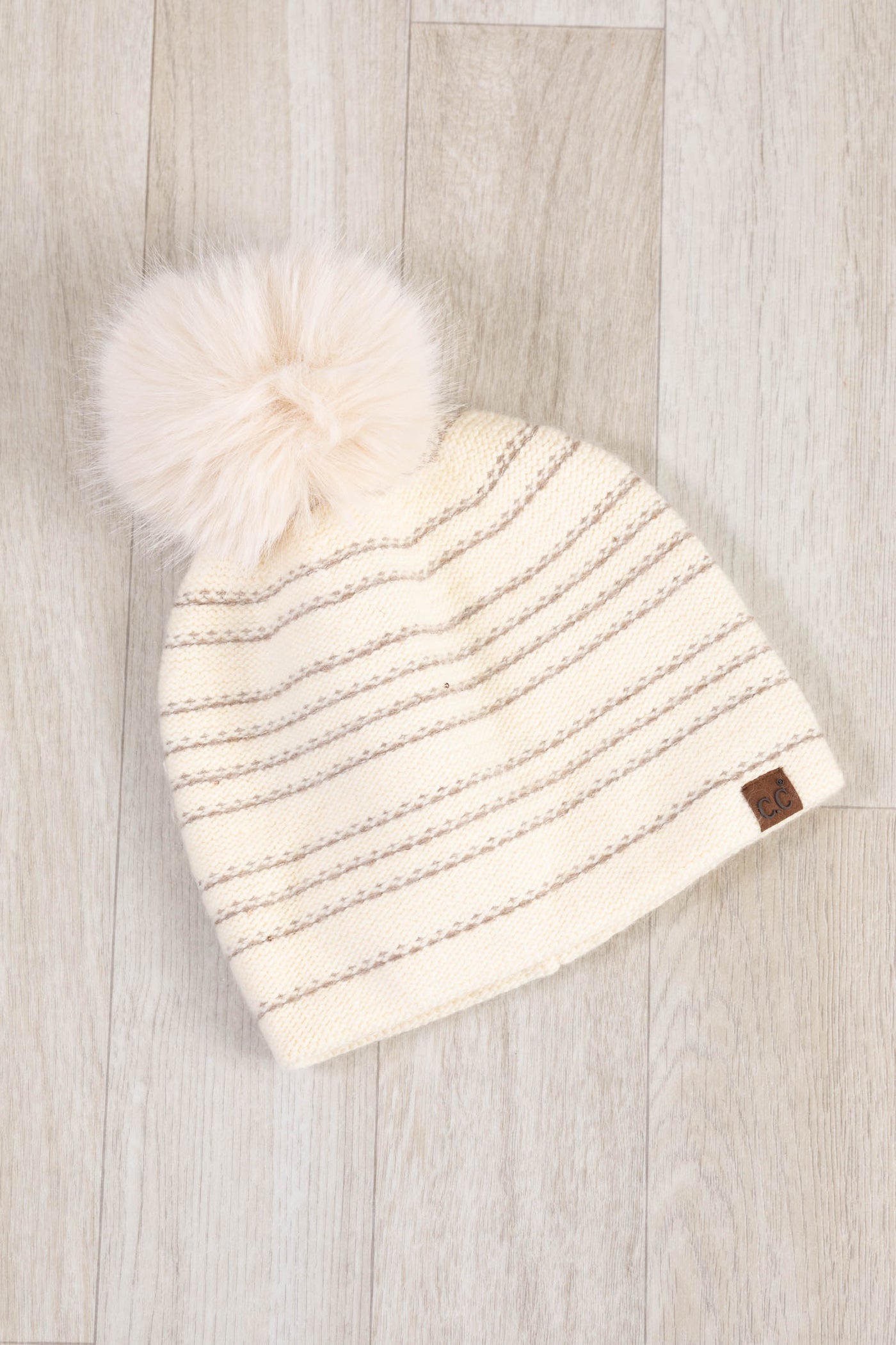 Stripe Stitches With Sequin Angora Pom Beanies