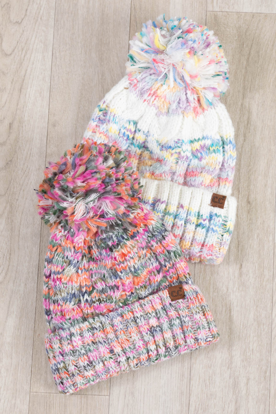 Multicolor Cable Pom Beanies