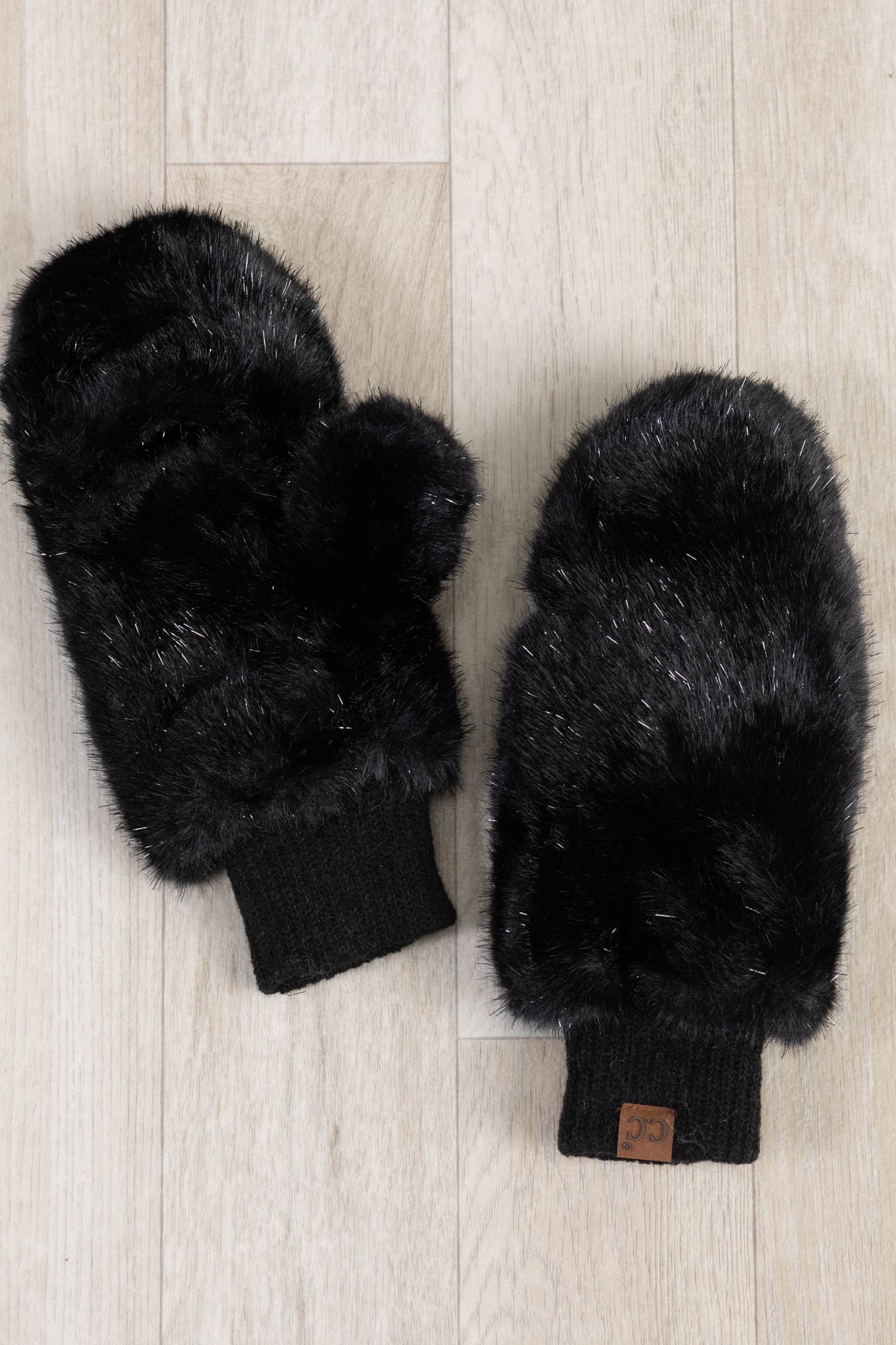 Black Short Faux Fur Convertible Mittens