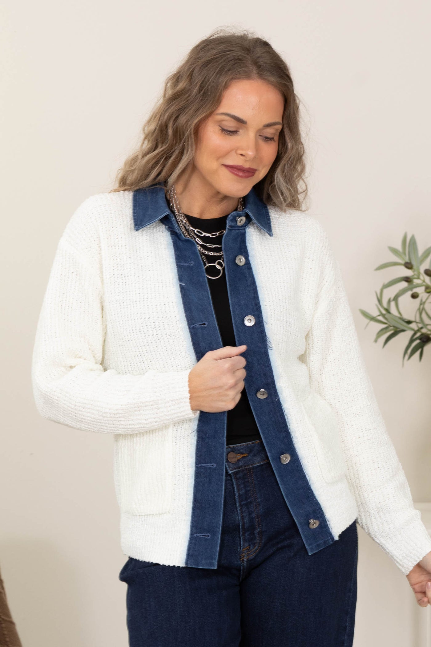 Ivory Button Down Sweater With Denim Jacket