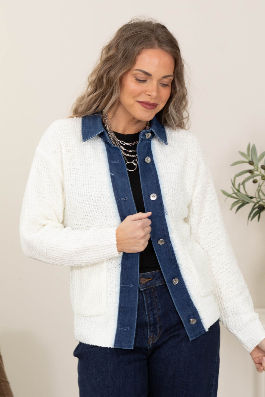 Ivory Button Down Sweater With Denim Jacket