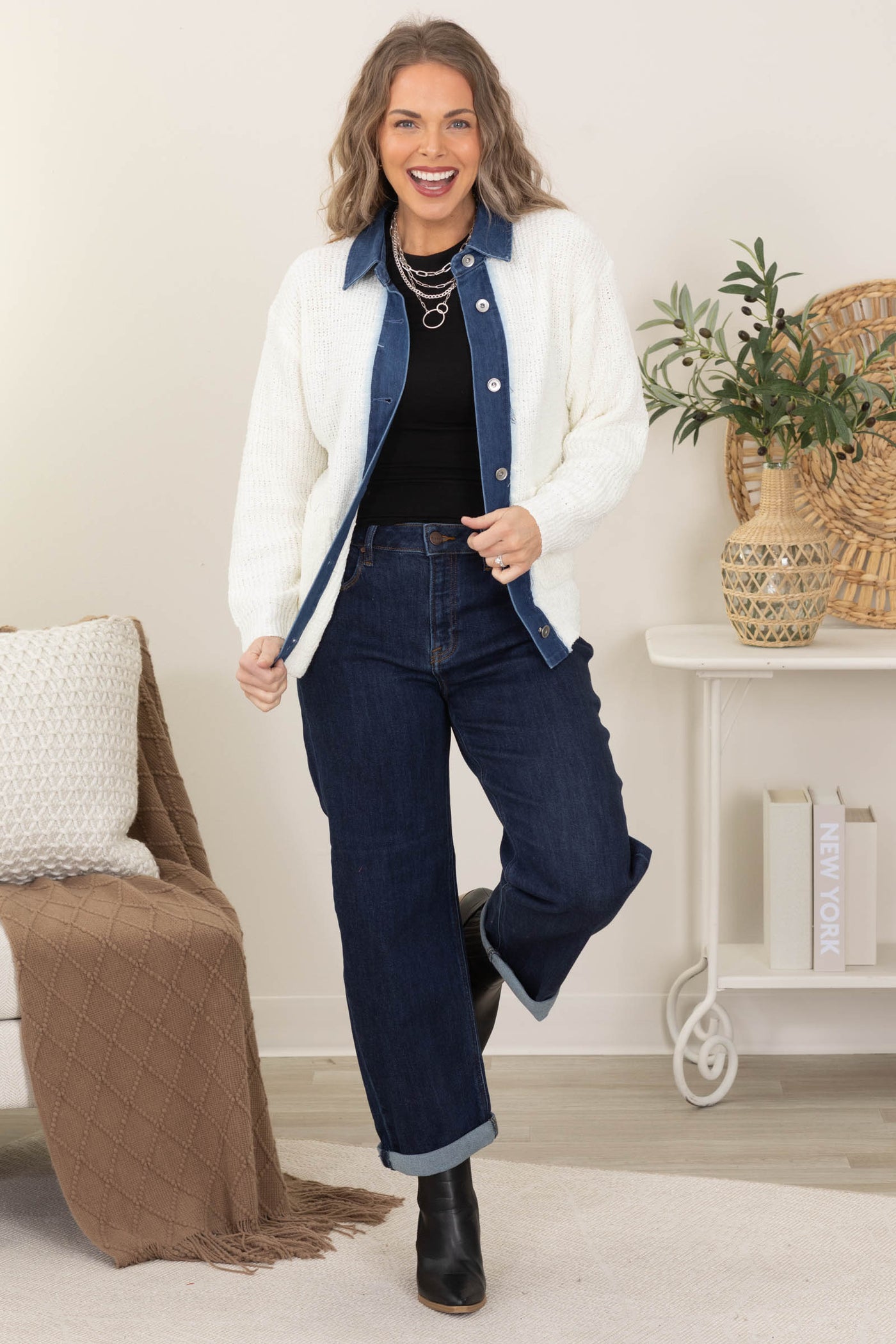 Ivory Button Down Sweater With Denim Jacket