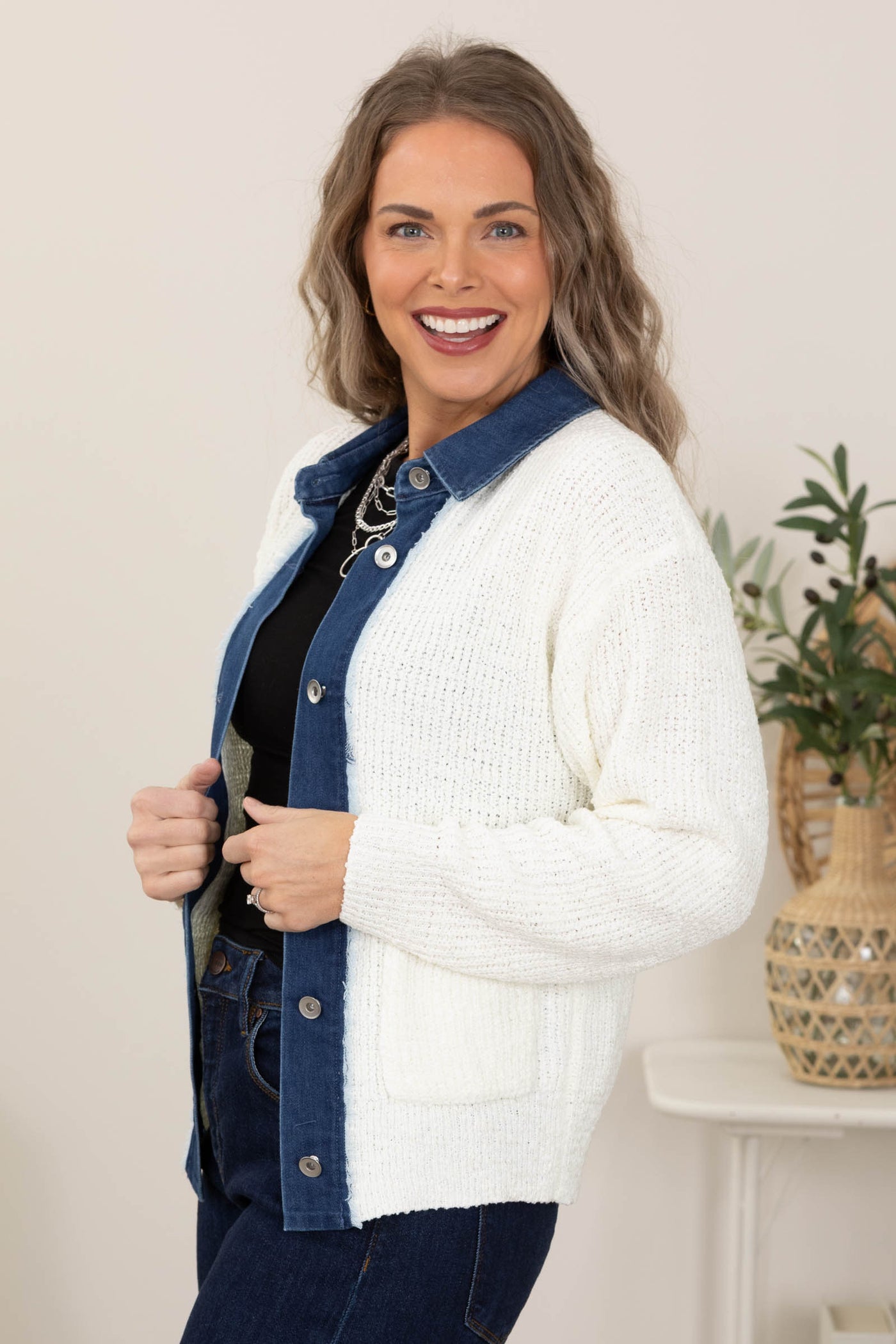 Ivory Button Down Sweater With Denim Jacket