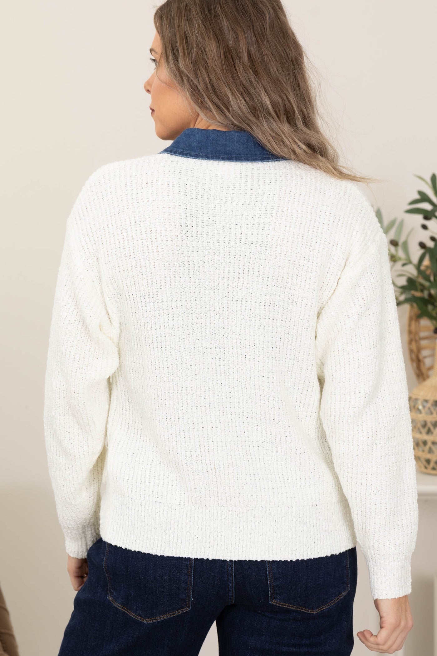 Ivory Button Down Sweater With Denim Jacket