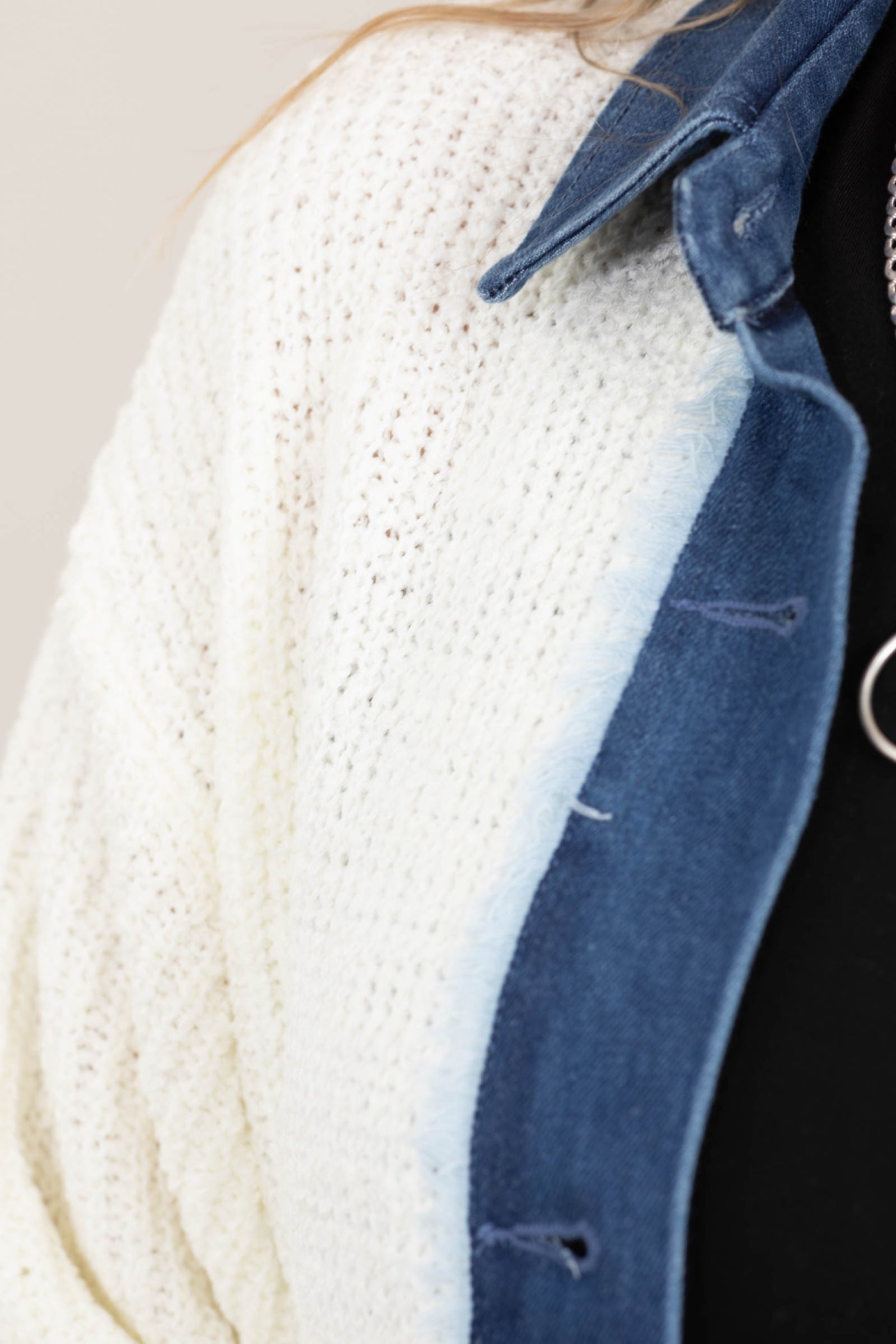 Ivory Button Down Sweater With Denim Jacket