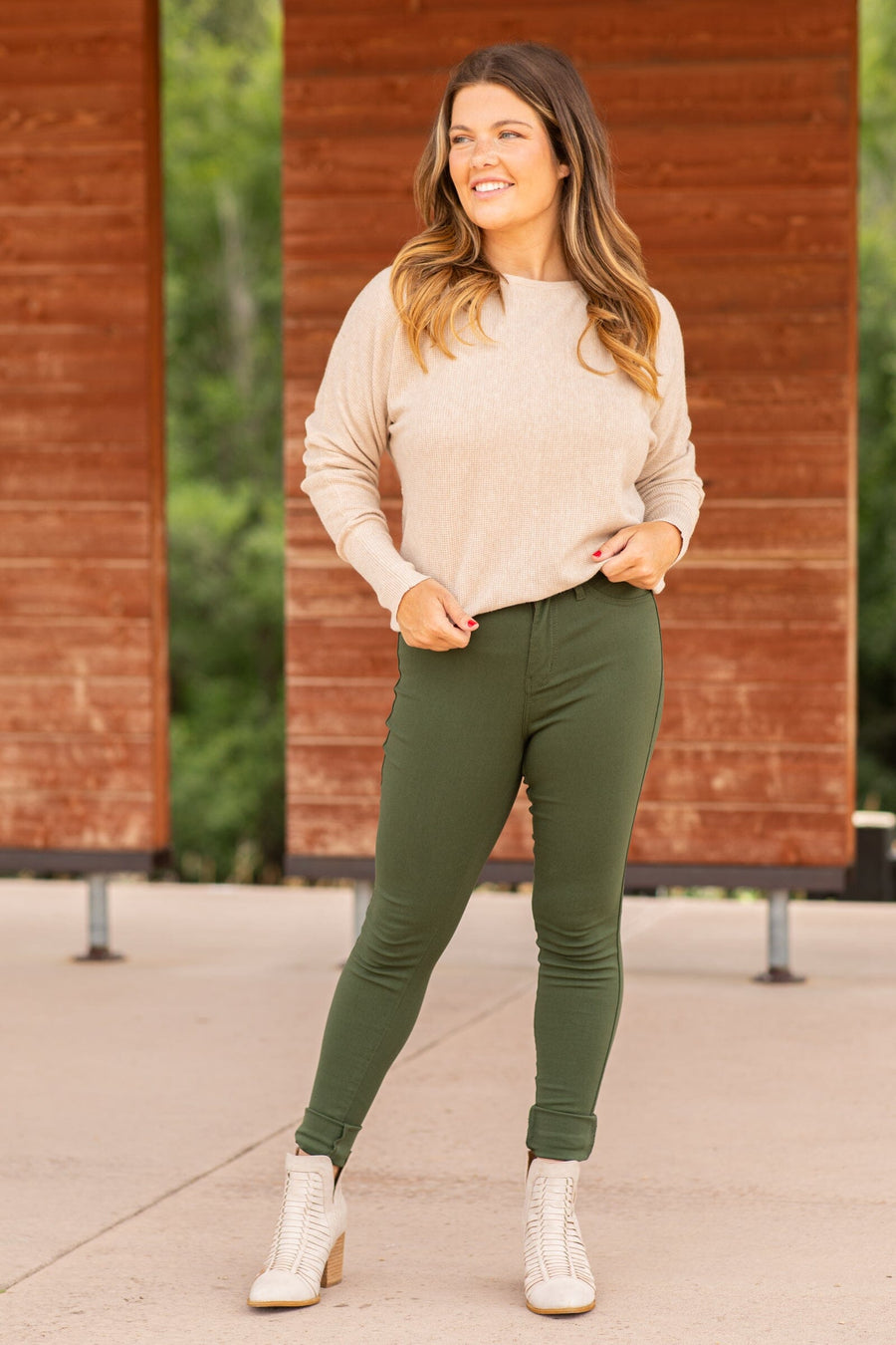 Hunter Green Skinny Fit High Rise Pants - Filly Flair