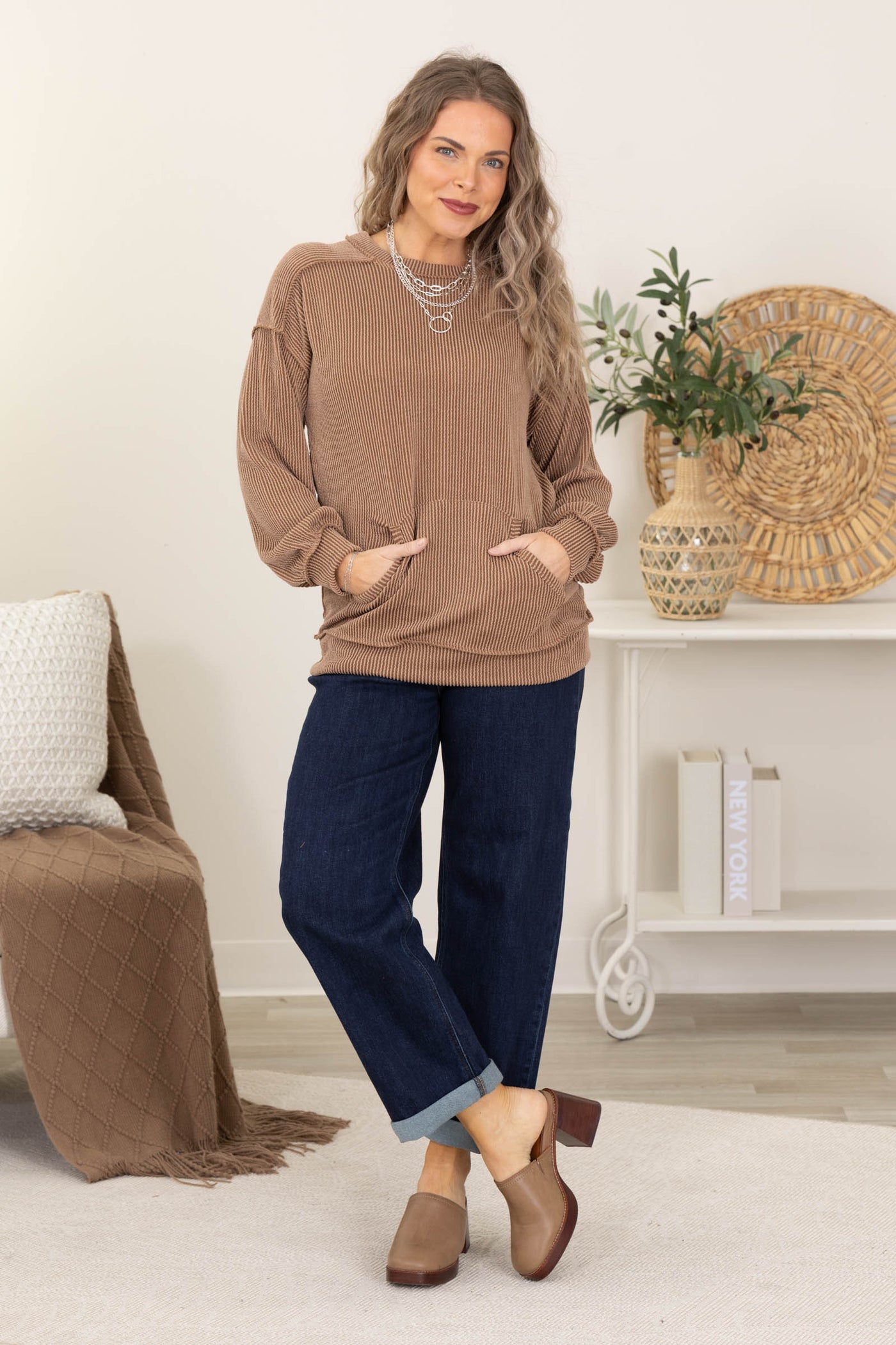 Ribbed Crew Neck Top With Kangaroo Pocket