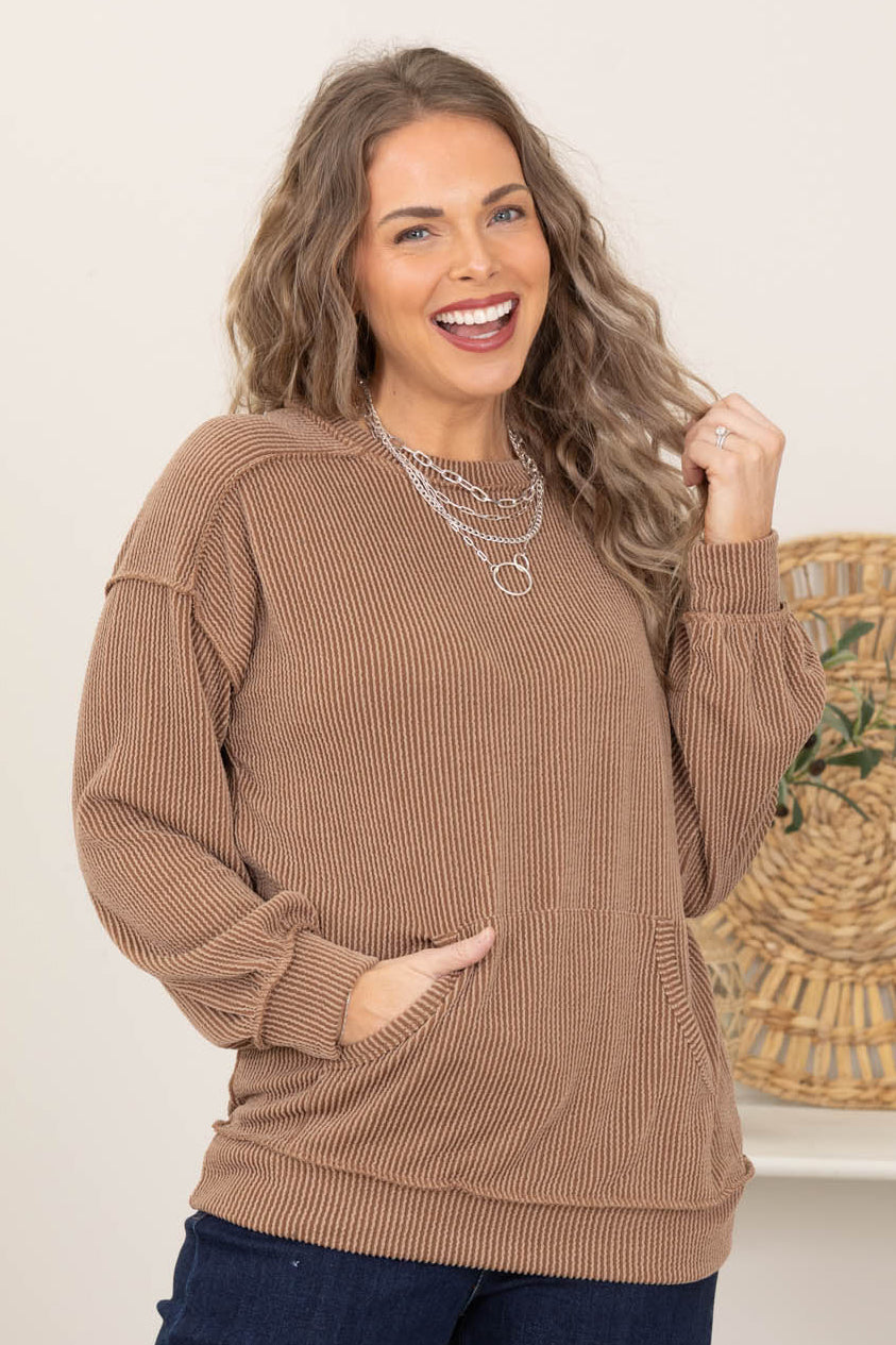 Ribbed Crew Neck Top With Kangaroo Pocket